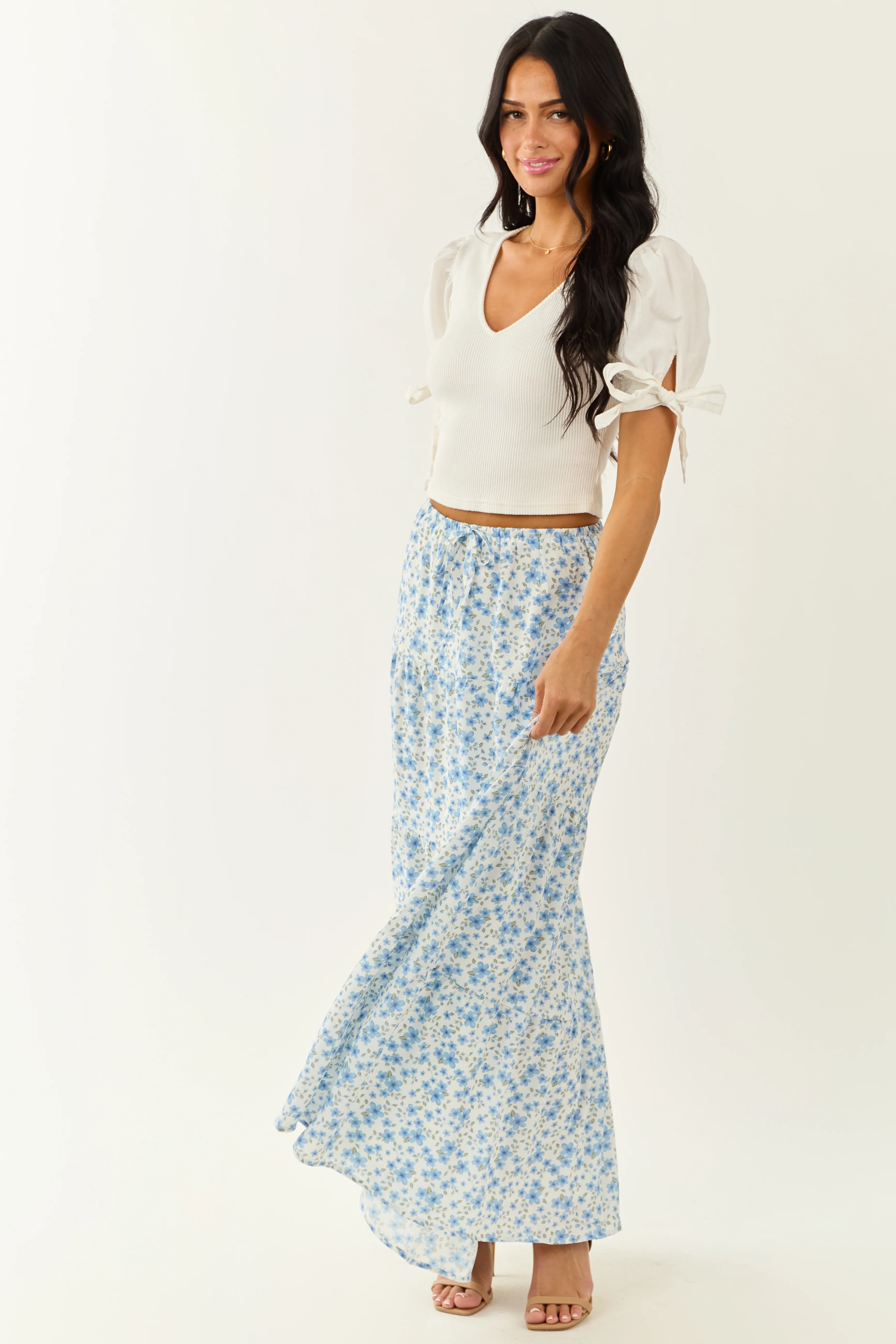 Ivory Floral Print Tiered Flowy Maxi Skirt - Image 8