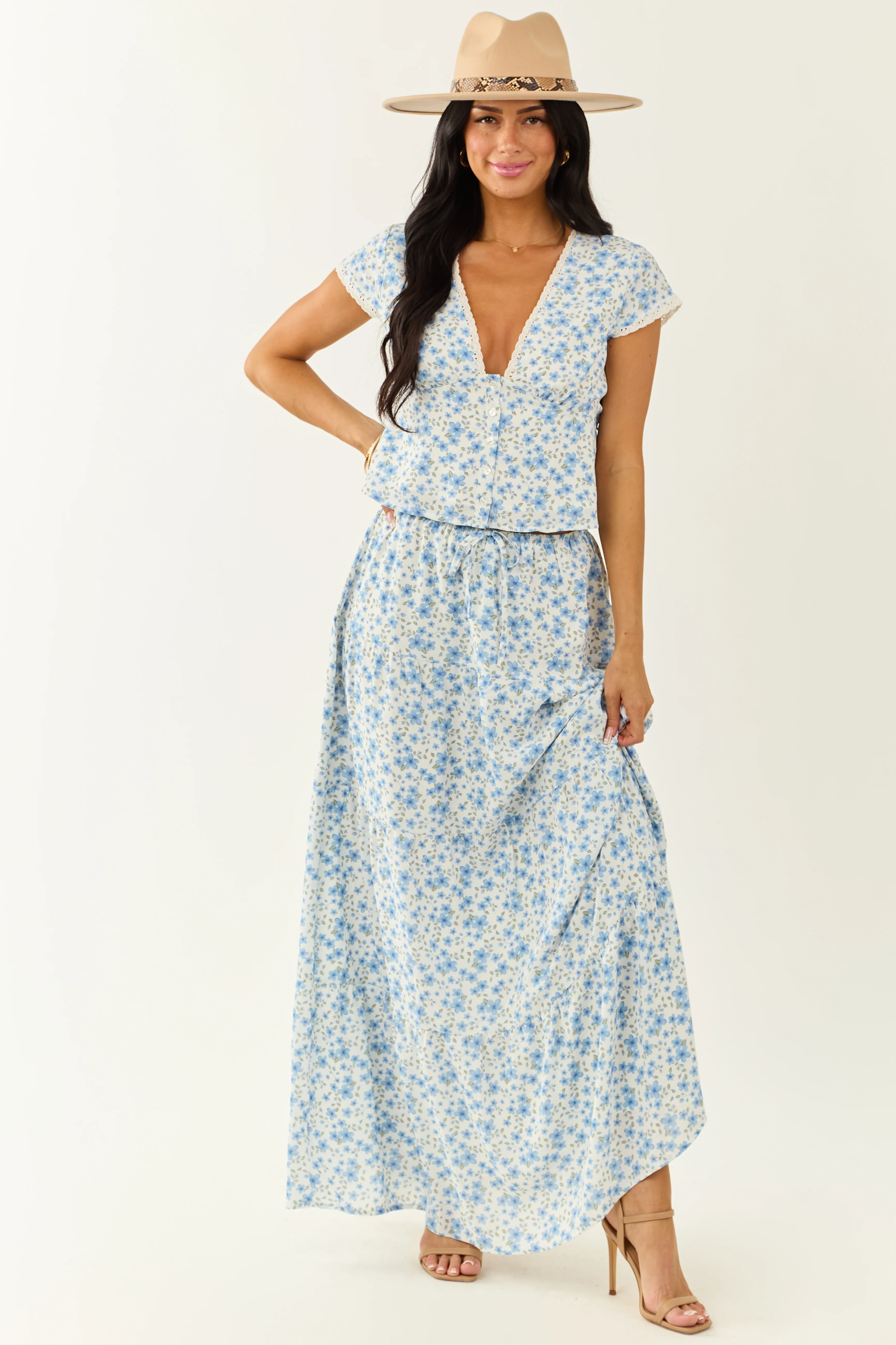 Ivory Floral Print Tiered Flowy Maxi Skirt - Image 9
