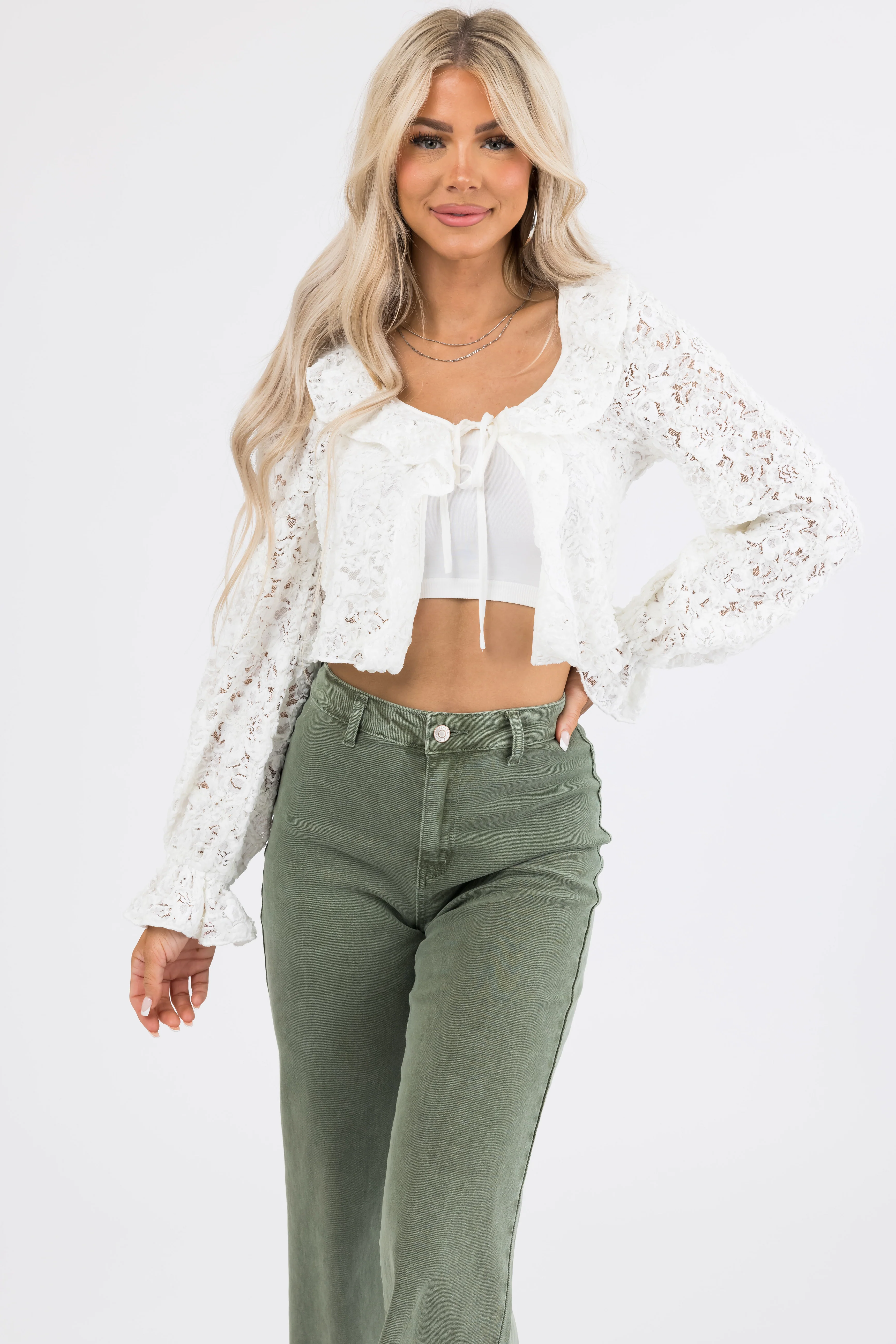 Ivory Lace Long Sleeve Ruffle Top - Image 2
