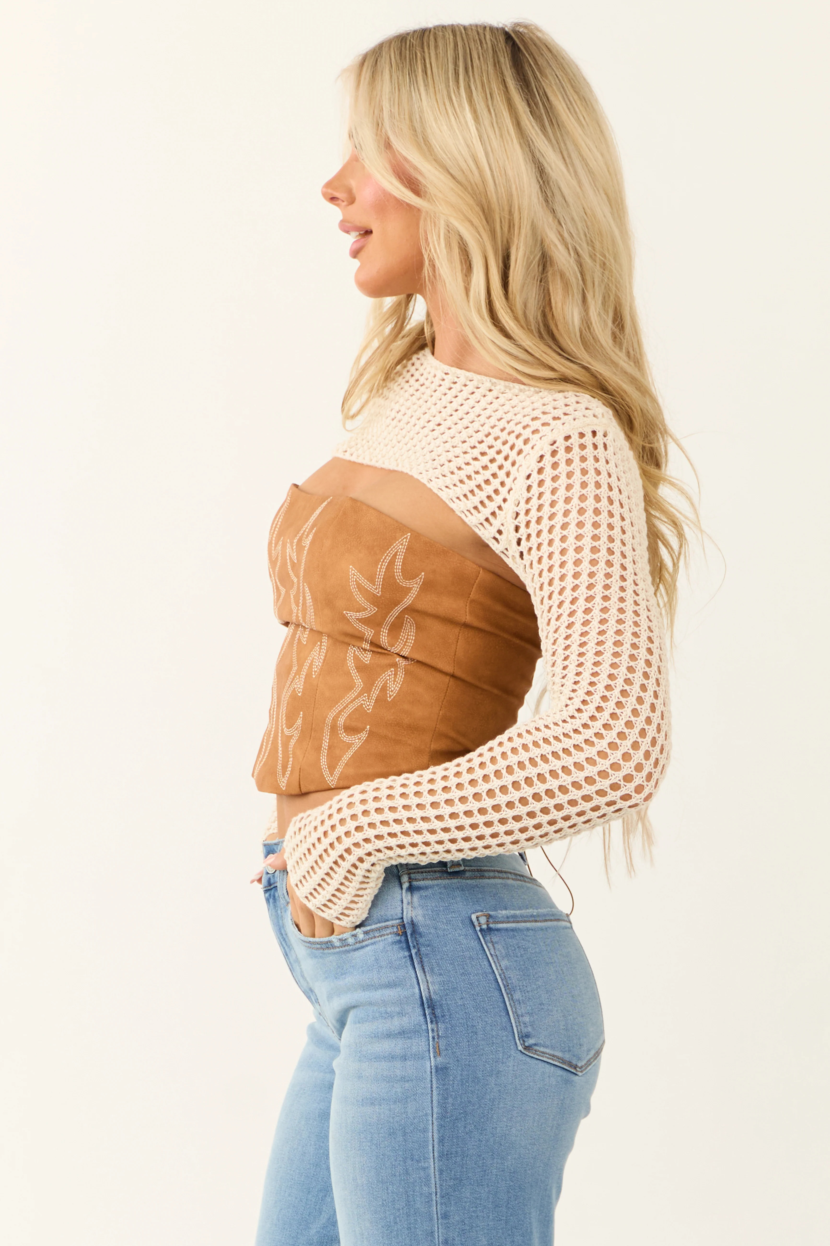 Ivory Lattice Shrug Long Sleeve Sweater Knit Top - Image 4