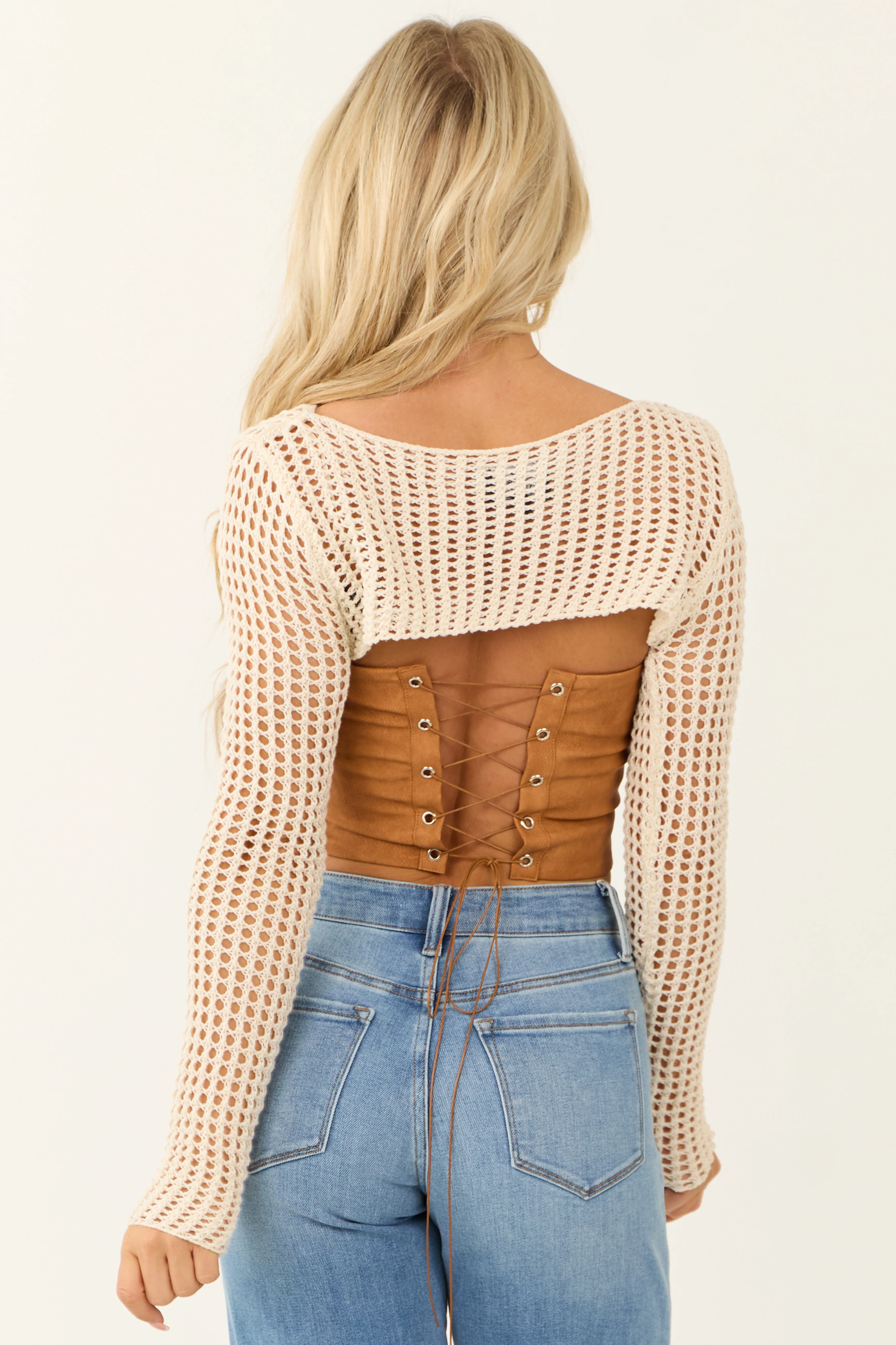 Ivory Lattice Shrug Long Sleeve Sweater Knit Top - Image 5