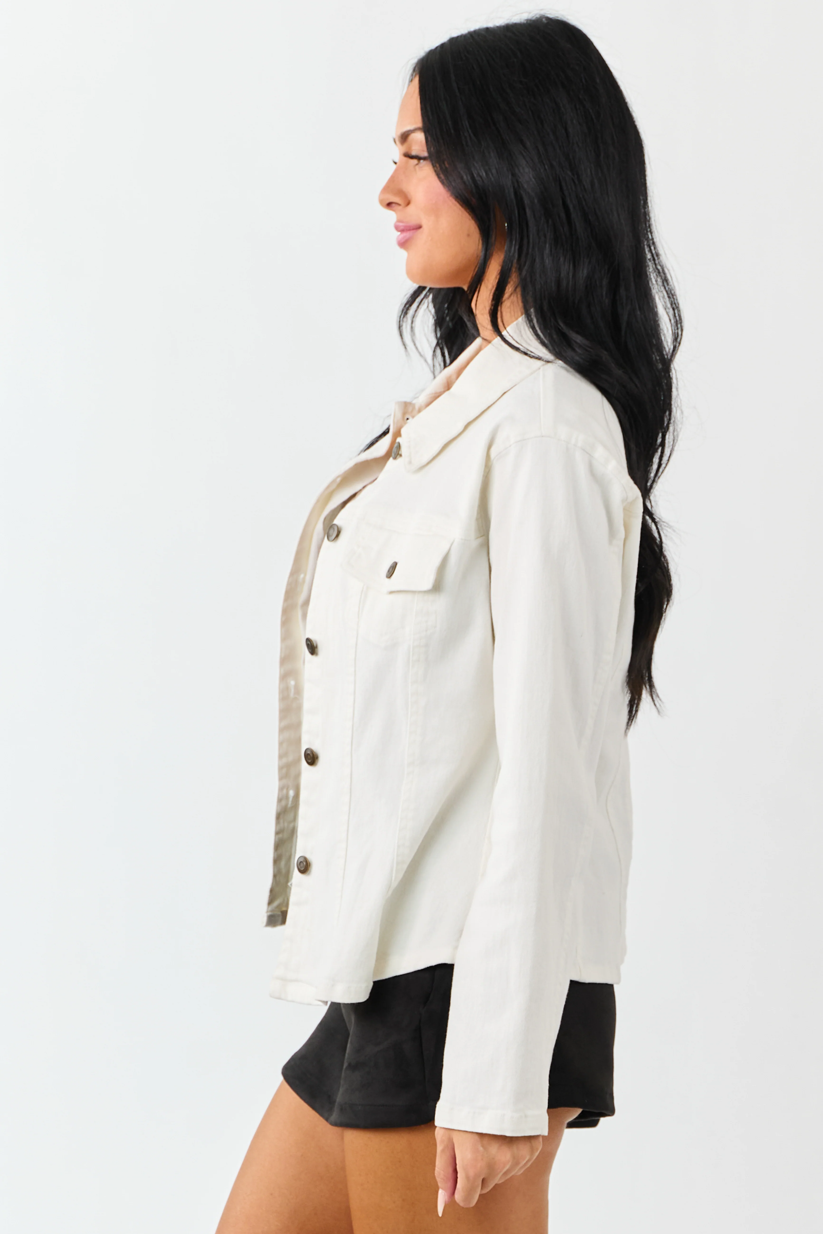 Ivory Long Sleeve Button Up Denim Jacket - Image 6