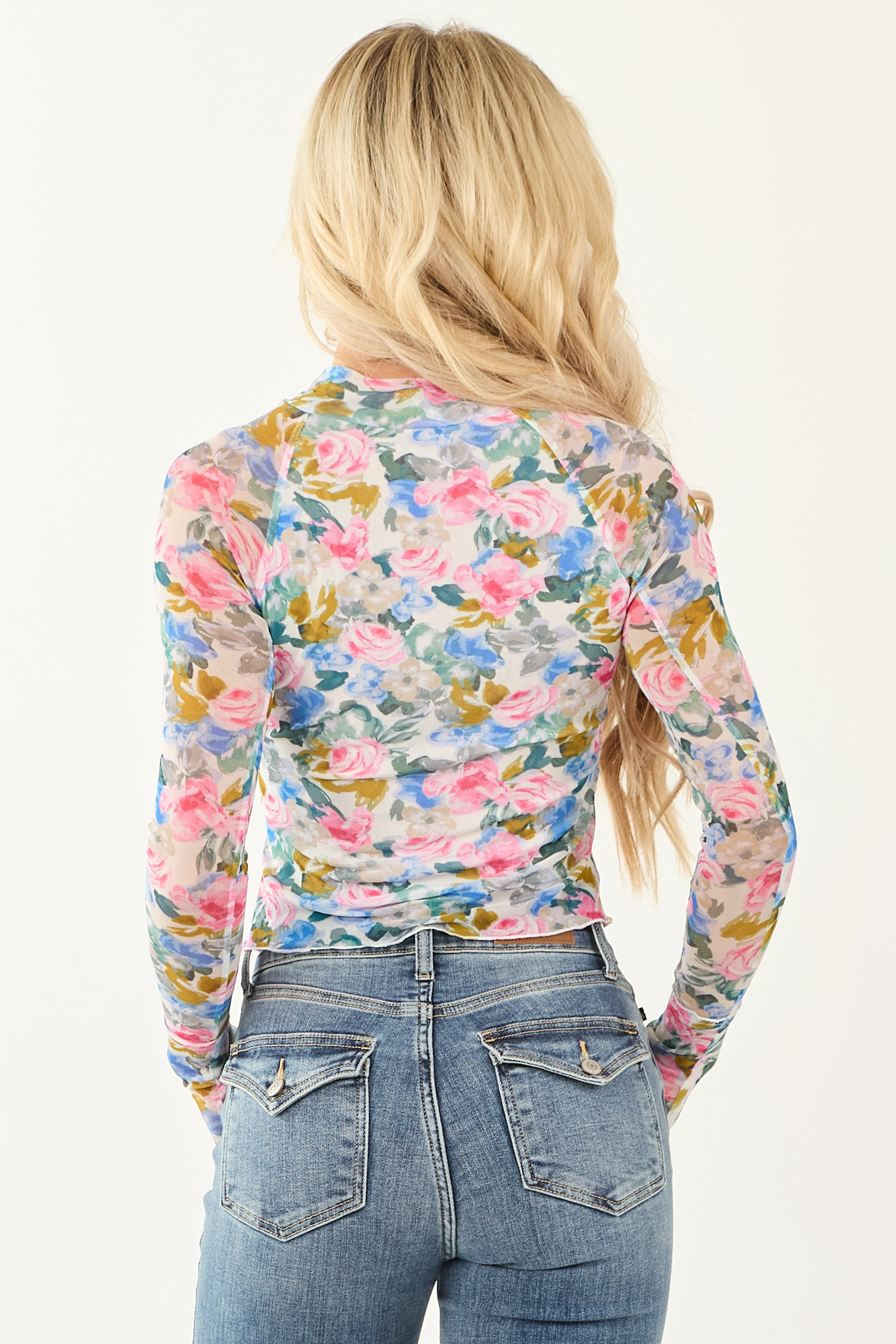 Ivory Mock Neck Floral Print Long Sleeve Top - Image 5