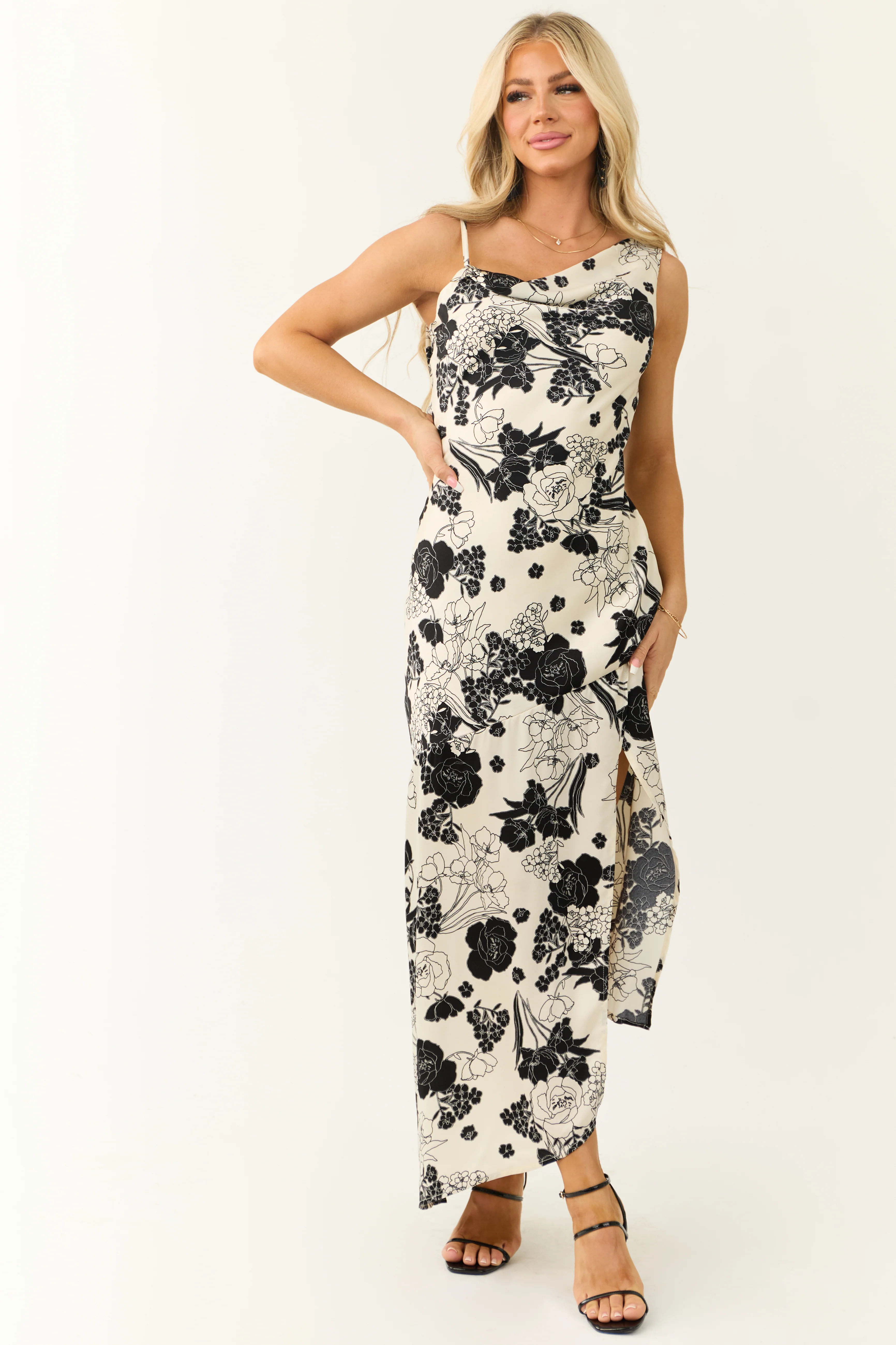 Ivory Satin Floral Print Cowl Neck Maxi Dress - Image 3
