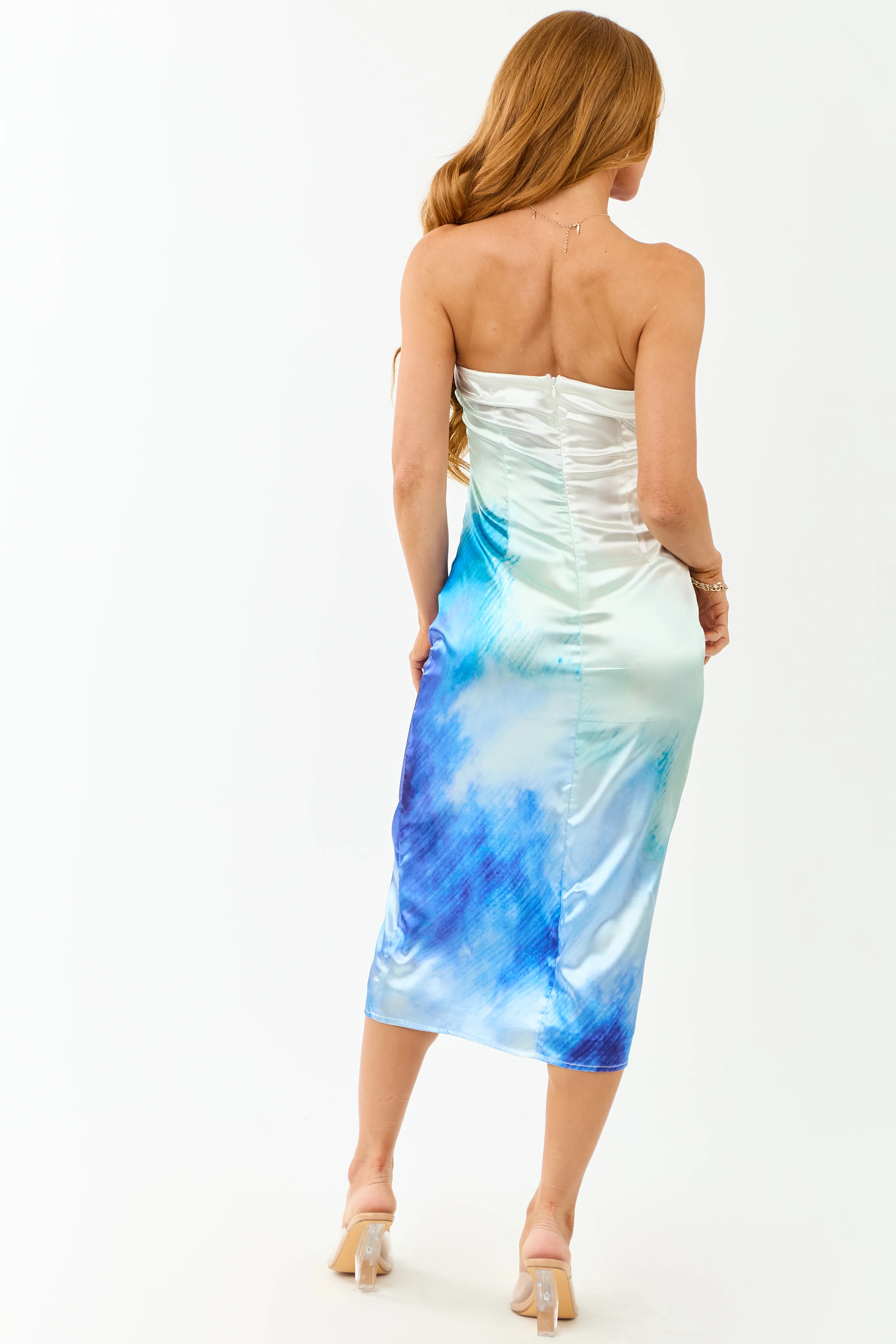 Ivory Satin Ombre Straight Neck Strapless Midi Dress - Image 5