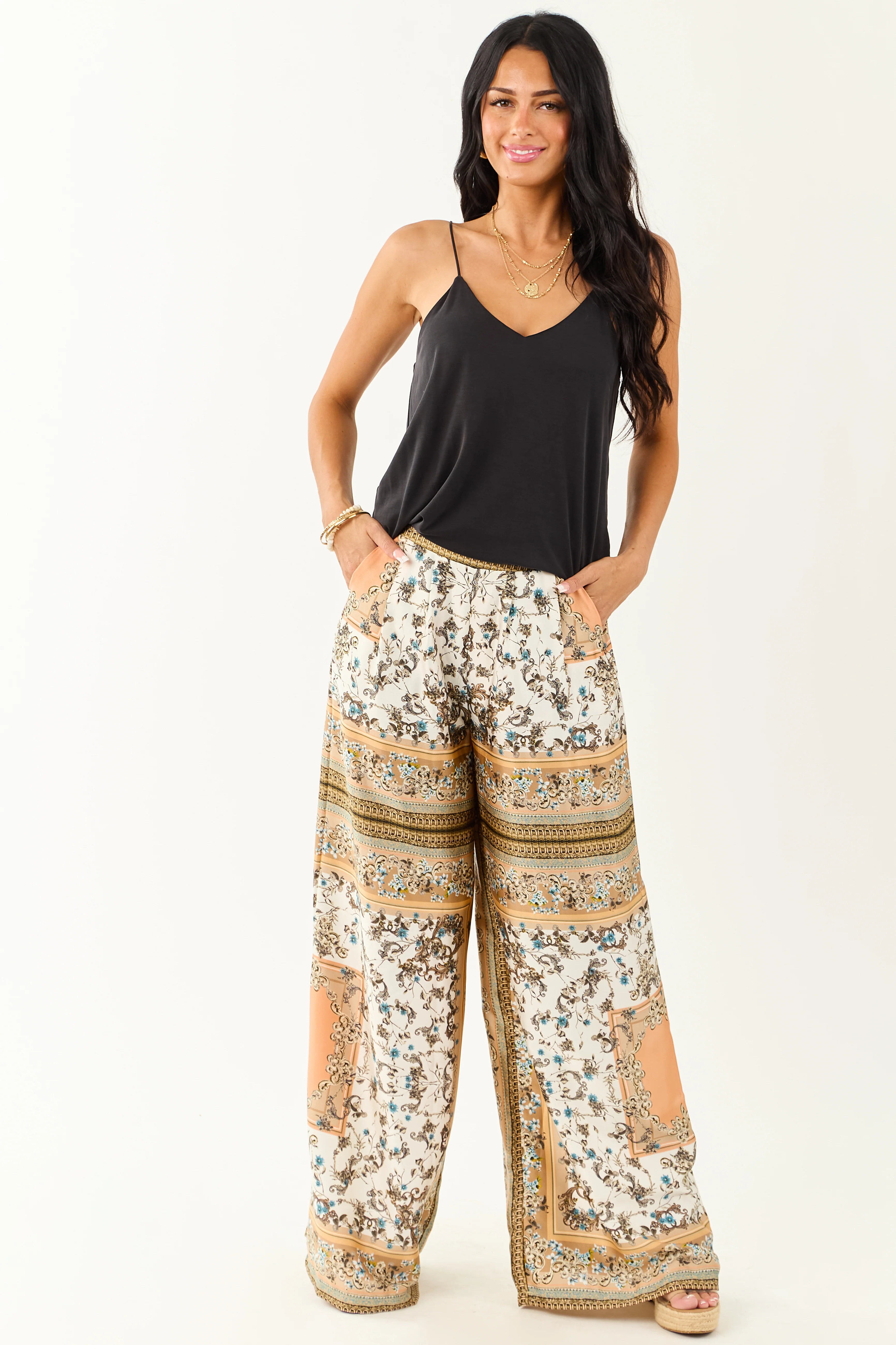 Ivory Scarf Print Satin Flowy Wide Leg Pants