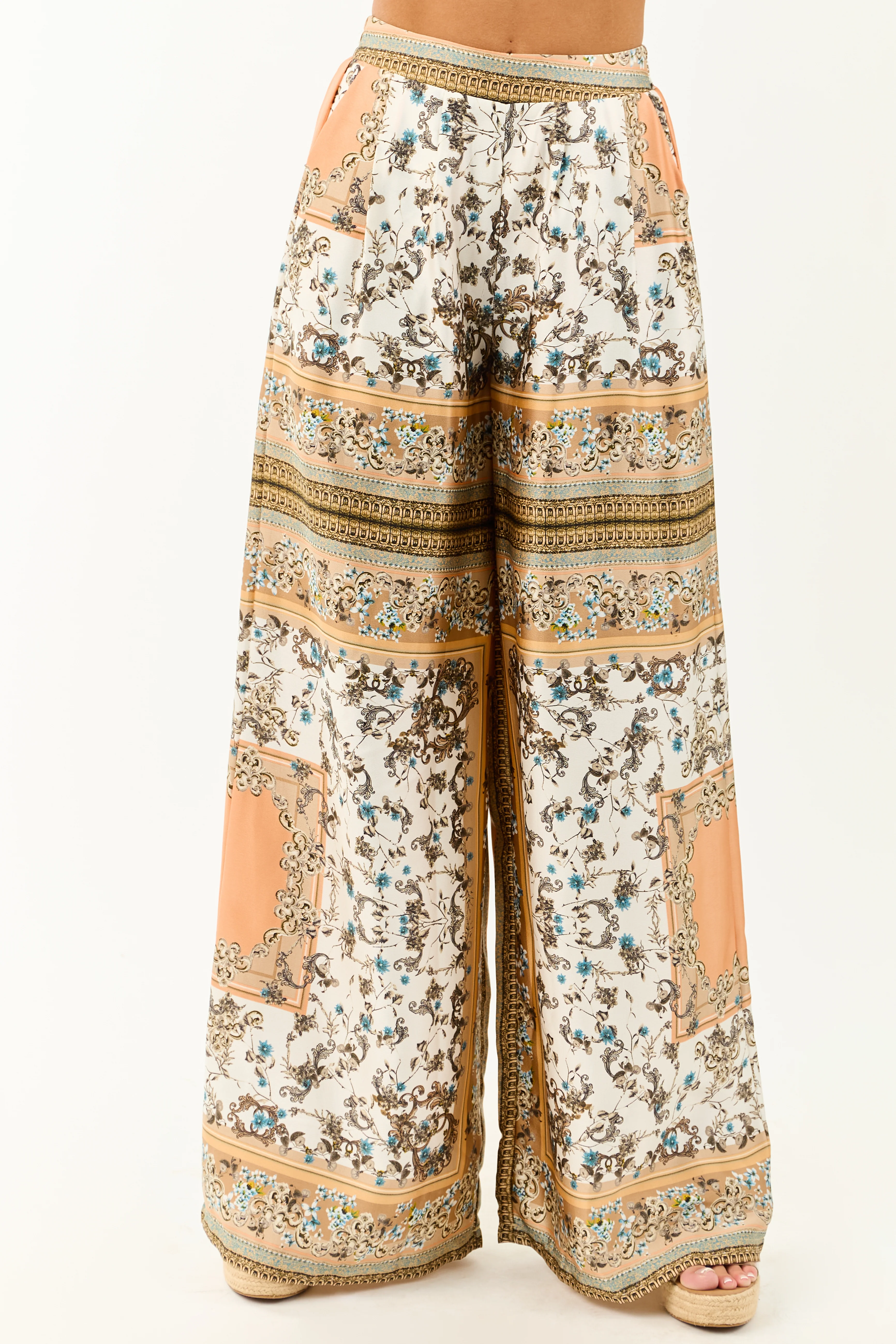 Ivory Scarf Print Satin Flowy Wide Leg Pants - Image 2