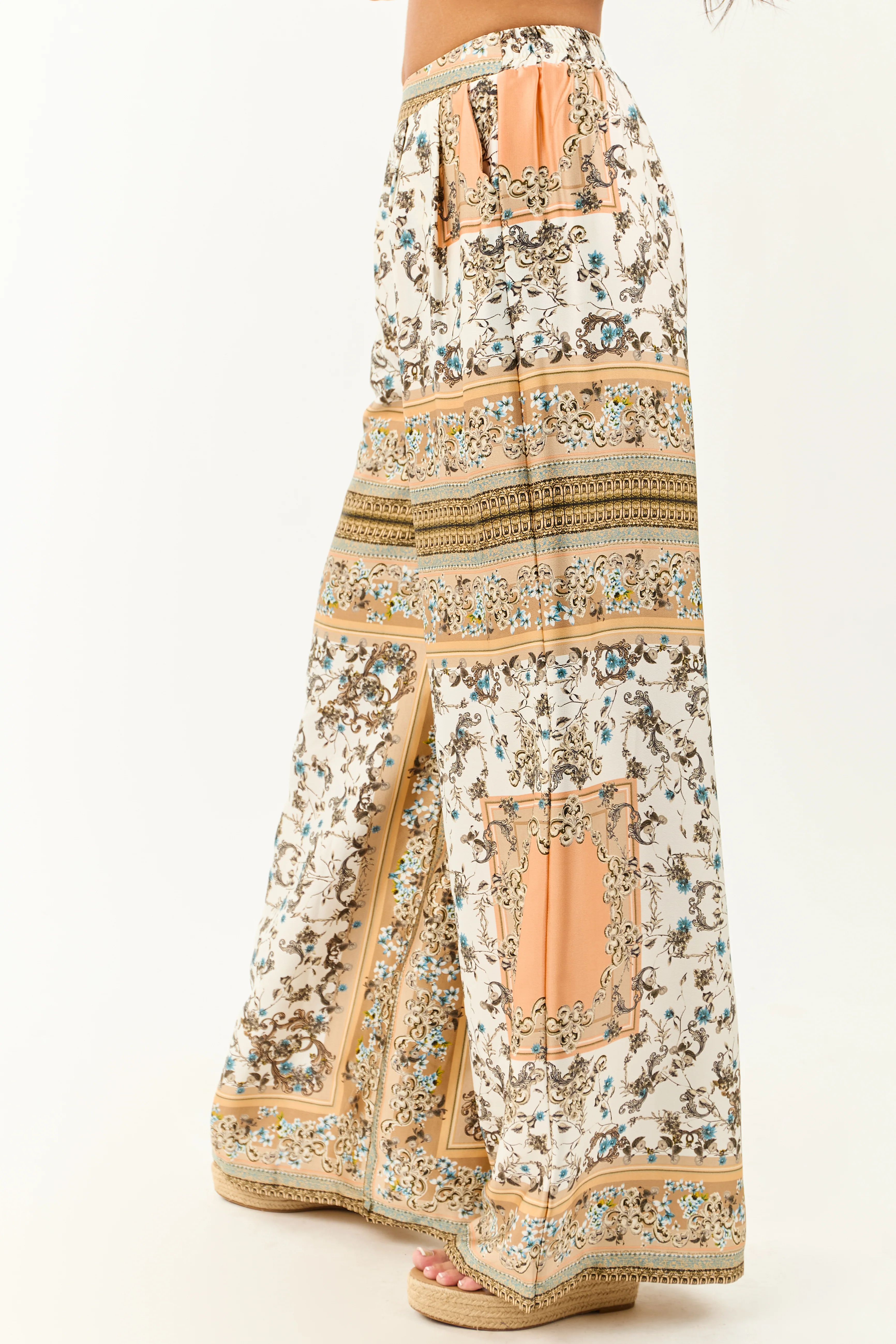 Ivory Scarf Print Satin Flowy Wide Leg Pants - Image 3