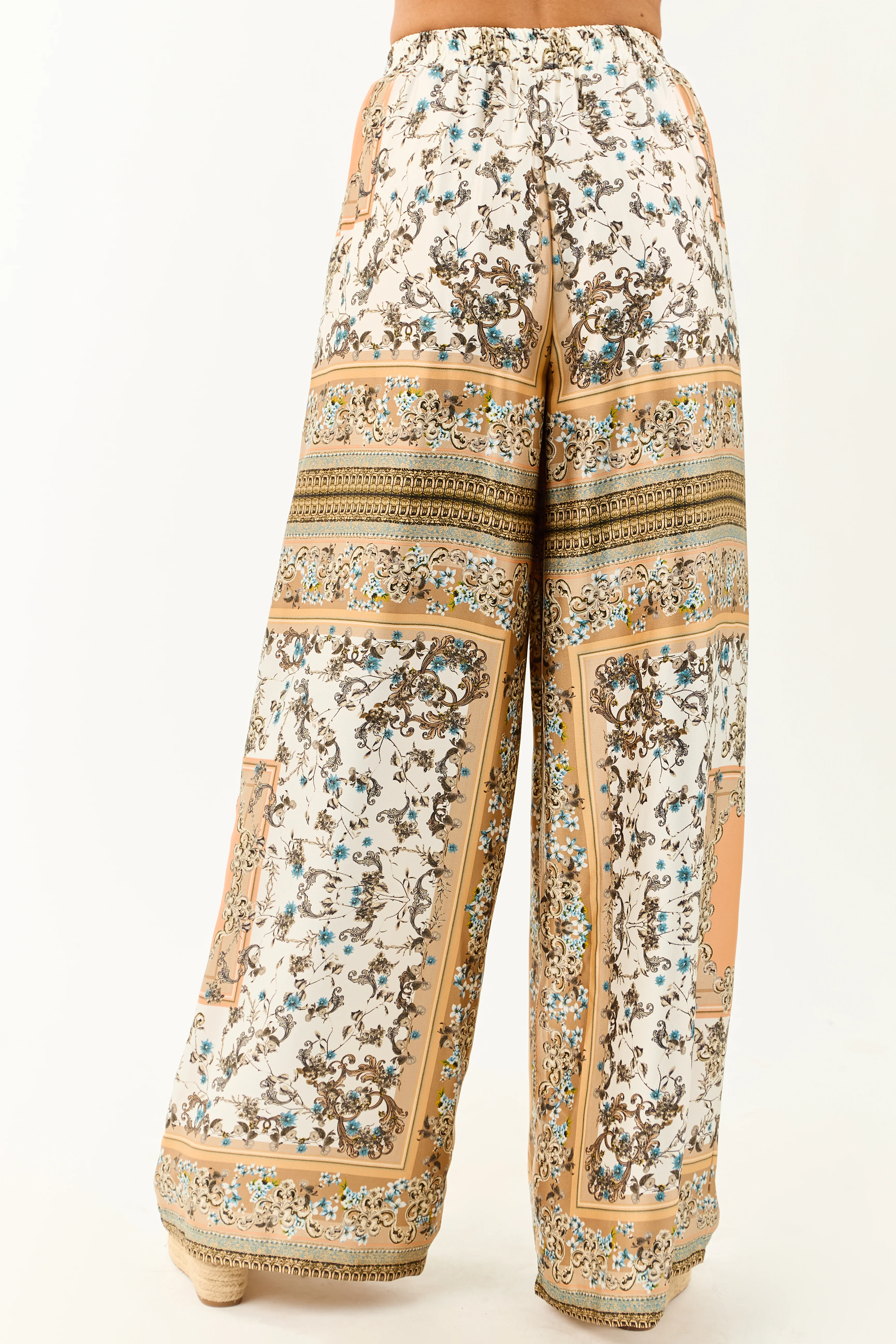 Ivory Scarf Print Satin Flowy Wide Leg Pants - Image 4