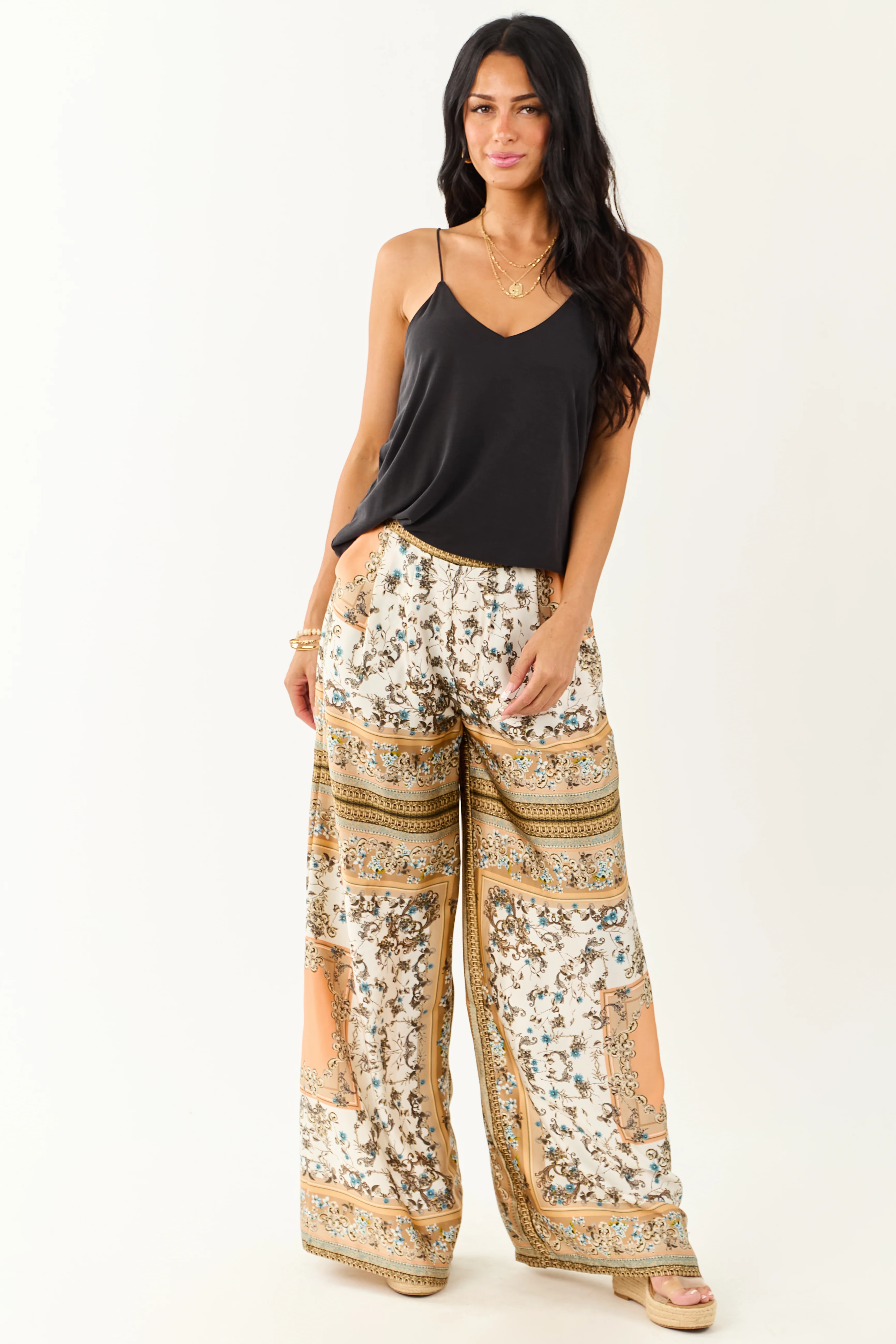 Ivory Scarf Print Satin Flowy Wide Leg Pants - Image 5