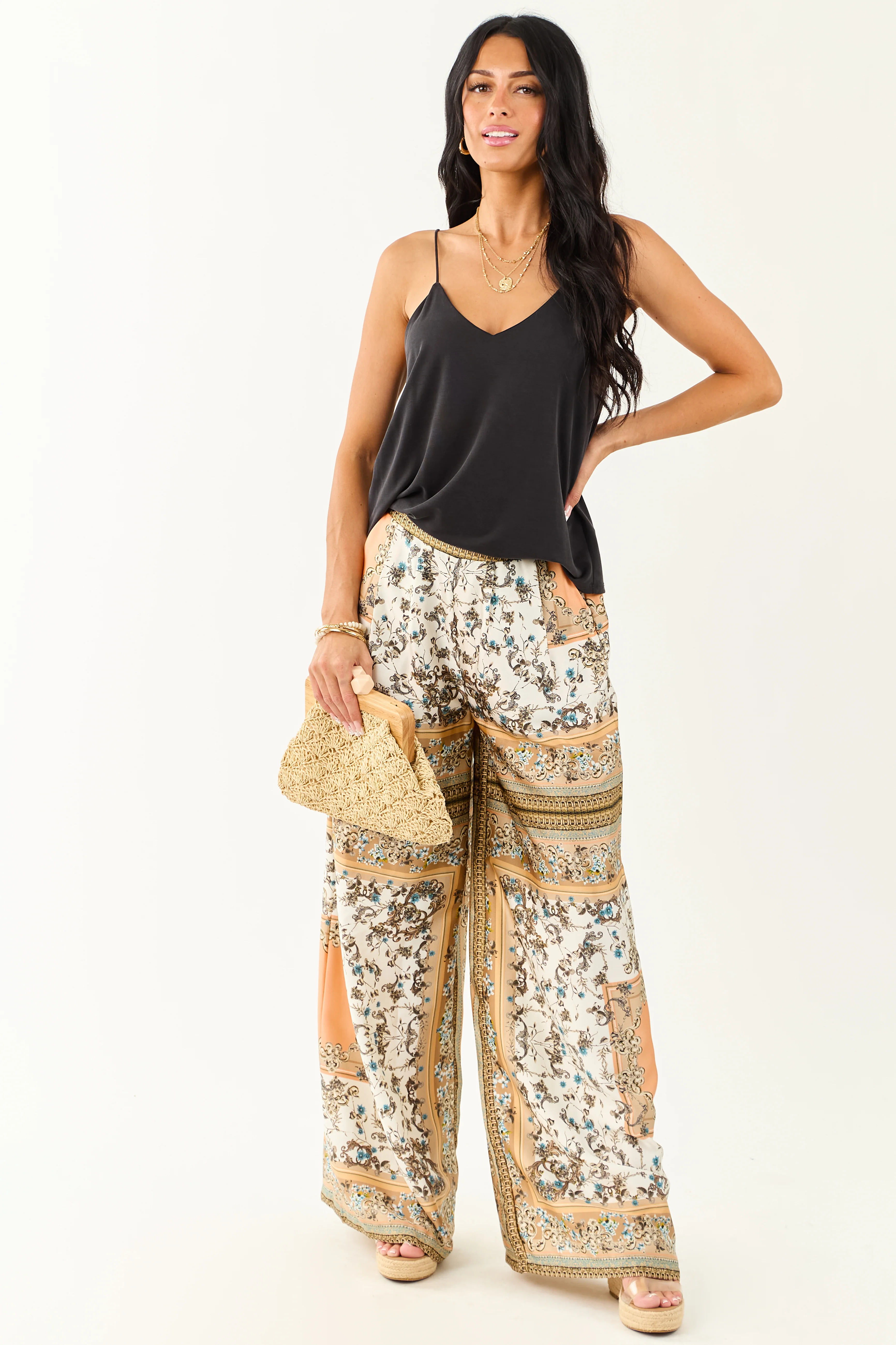 Ivory Scarf Print Satin Flowy Wide Leg Pants - Image 6
