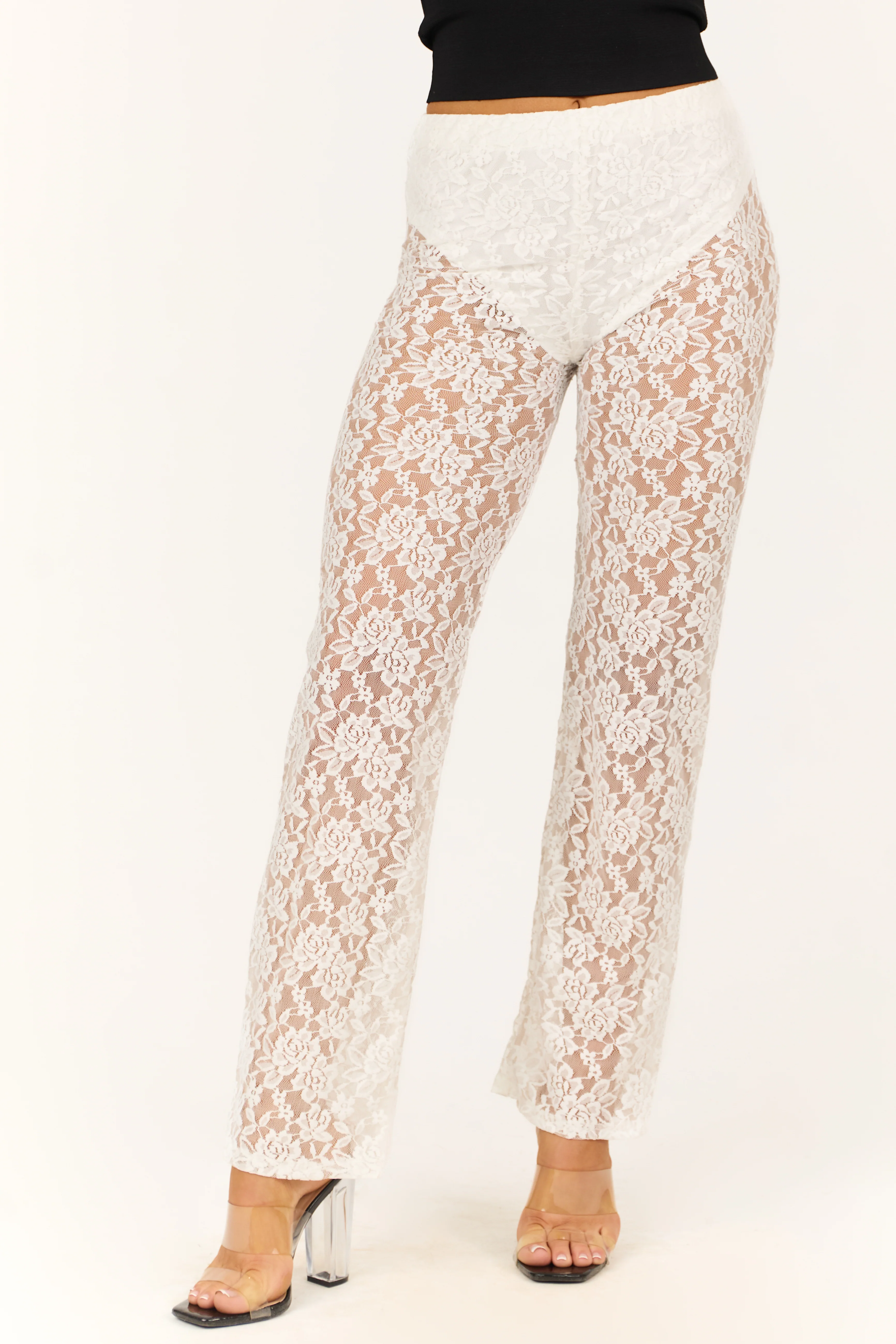 Ivory Sheer Lace High Waist Straight Leg Pants - Image 4