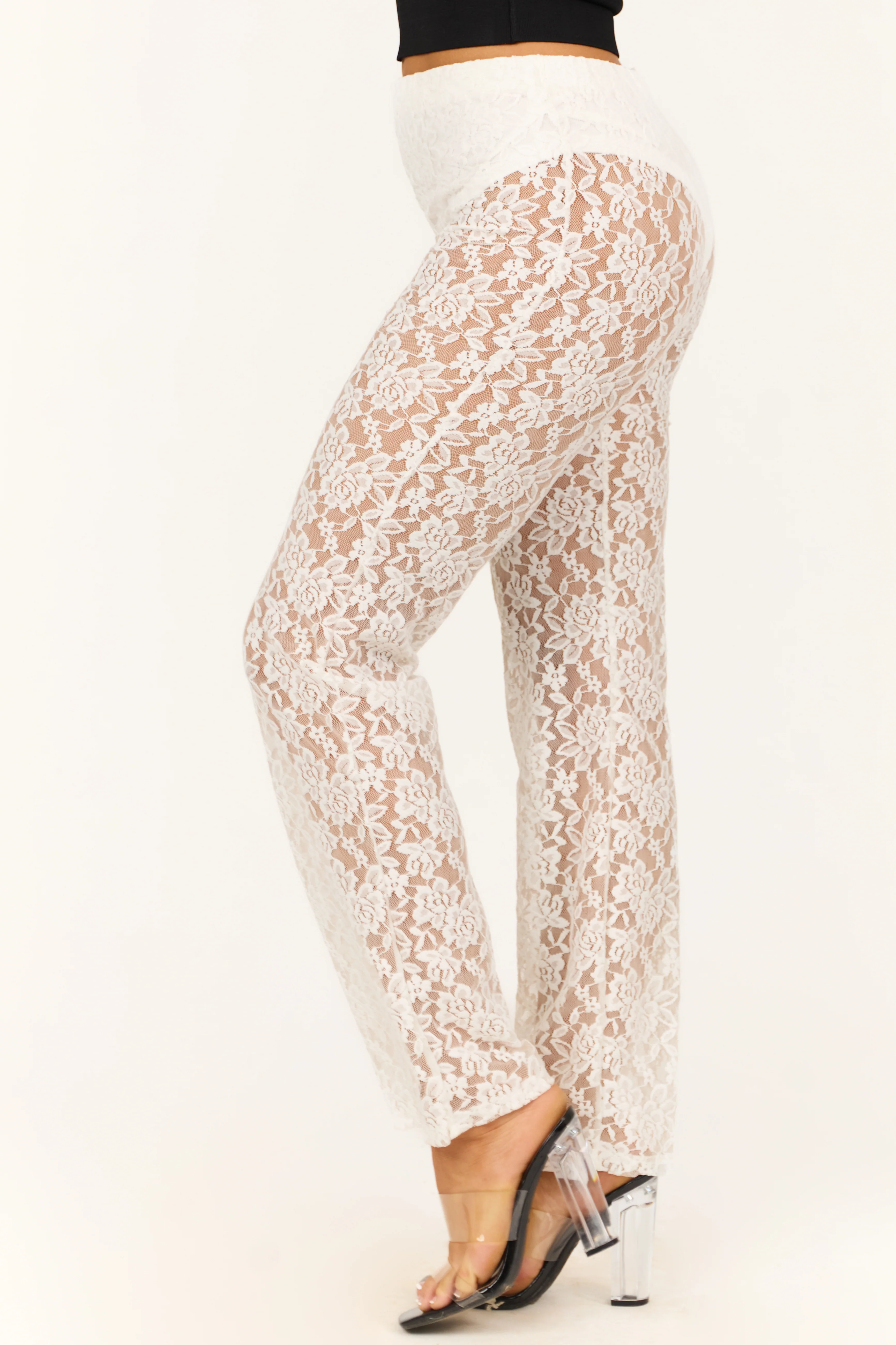 Ivory Sheer Lace High Waist Straight Leg Pants - Image 5