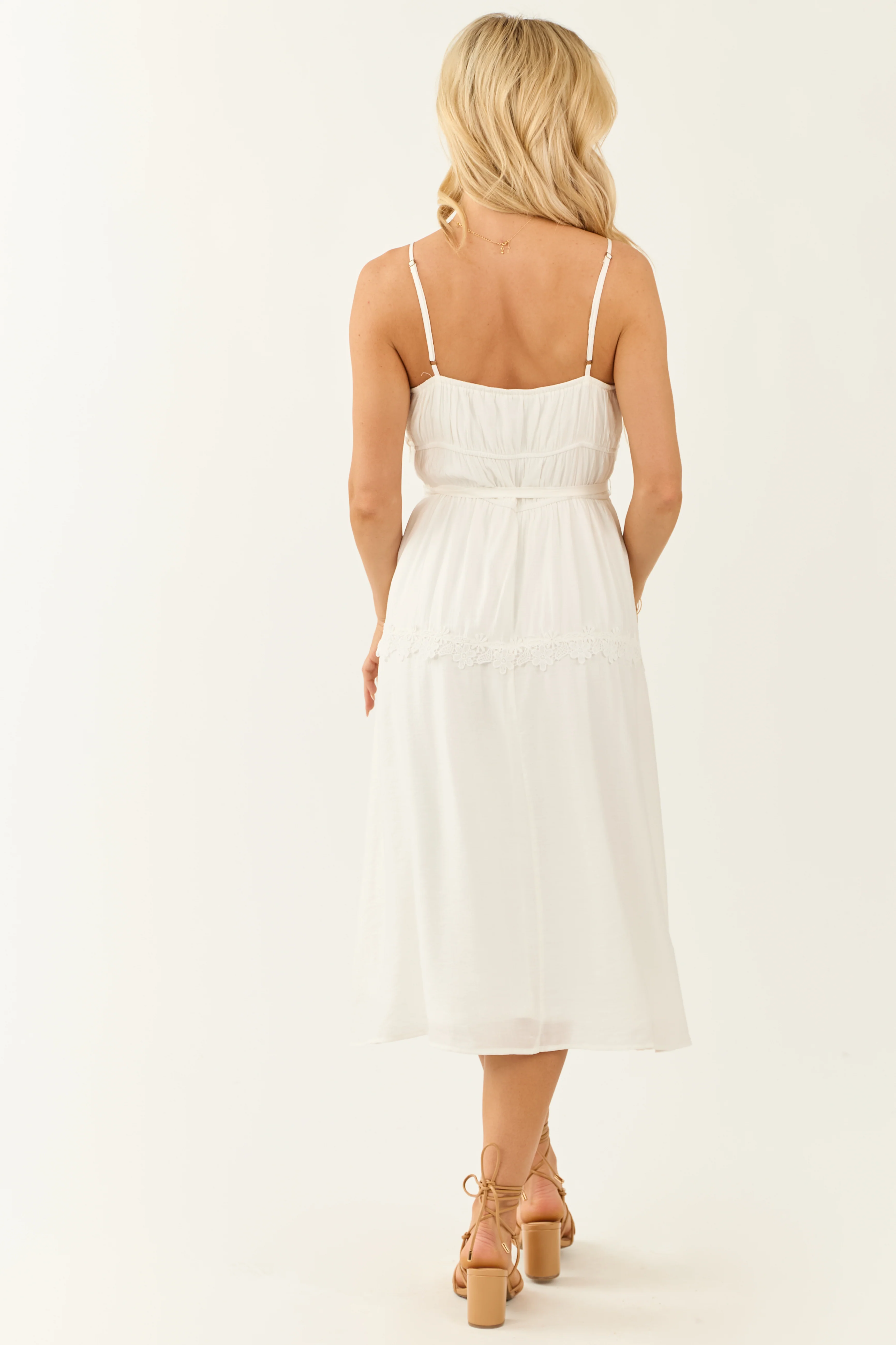 Ivory Sleeveless Lace Trim Waist Tie Midi Dress - Image 6