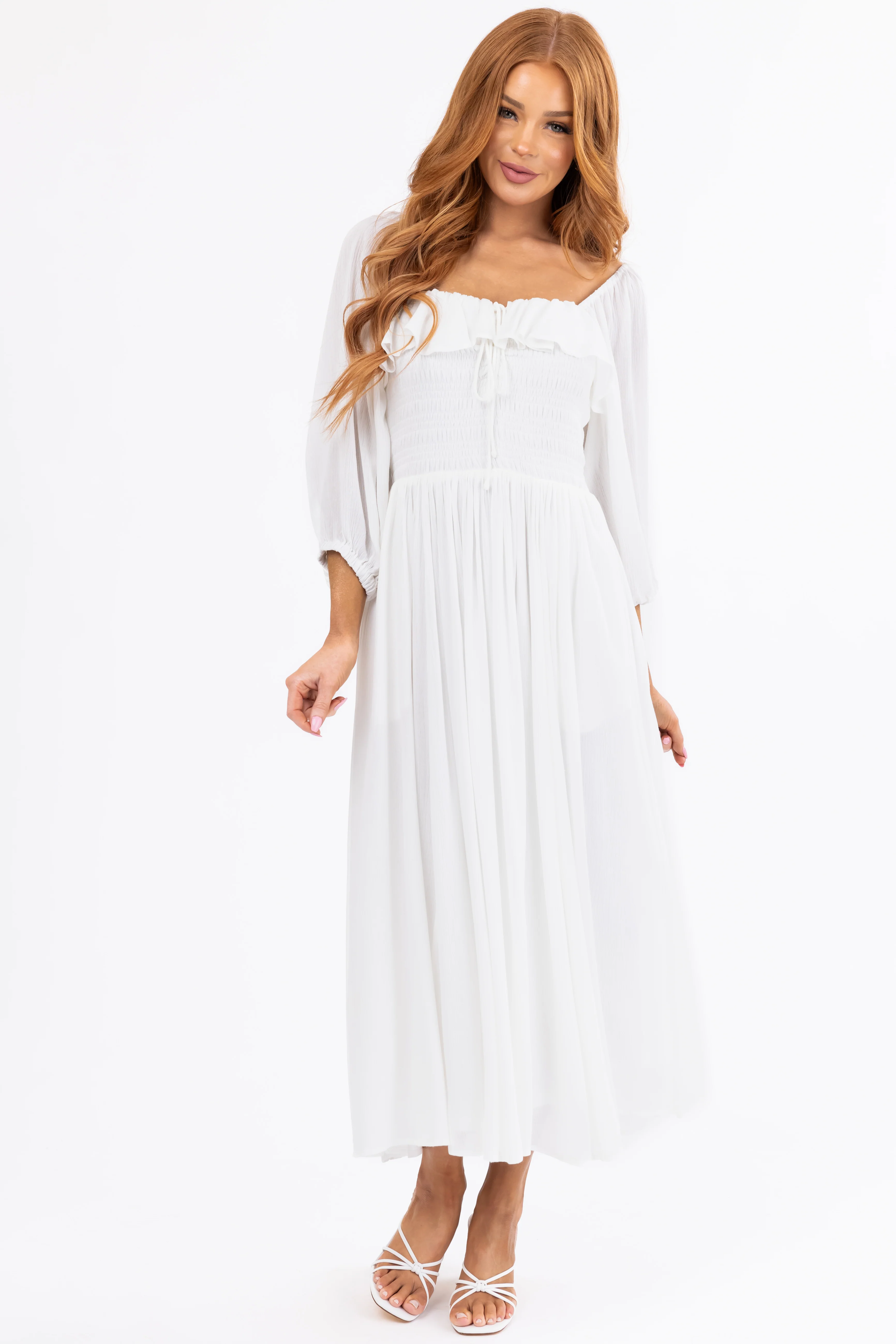 Ivory Smocked Top 3/4 Sleeve Midi Dress - Image 2