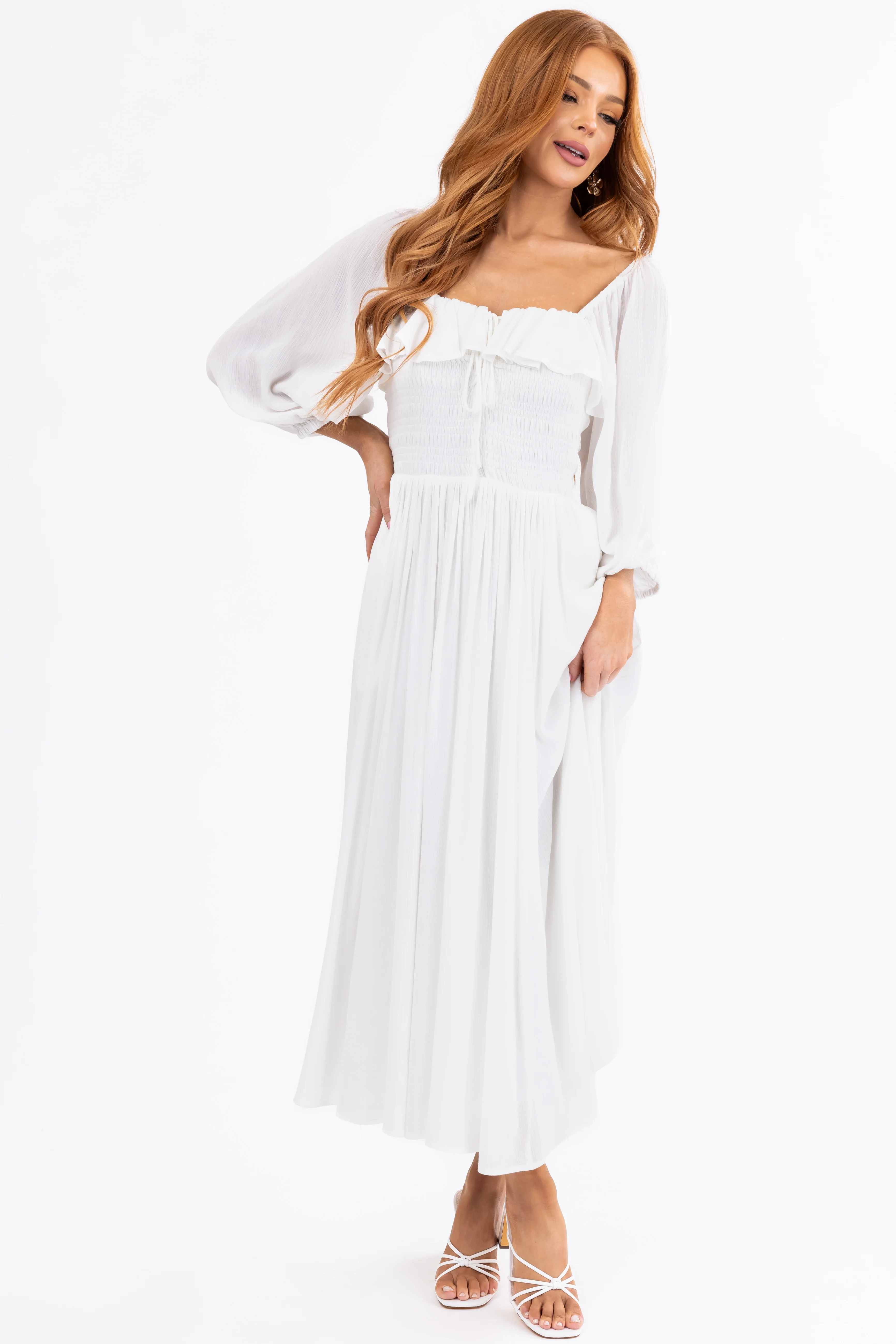 Ivory Smocked Top 3/4 Sleeve Midi Dress - Image 3