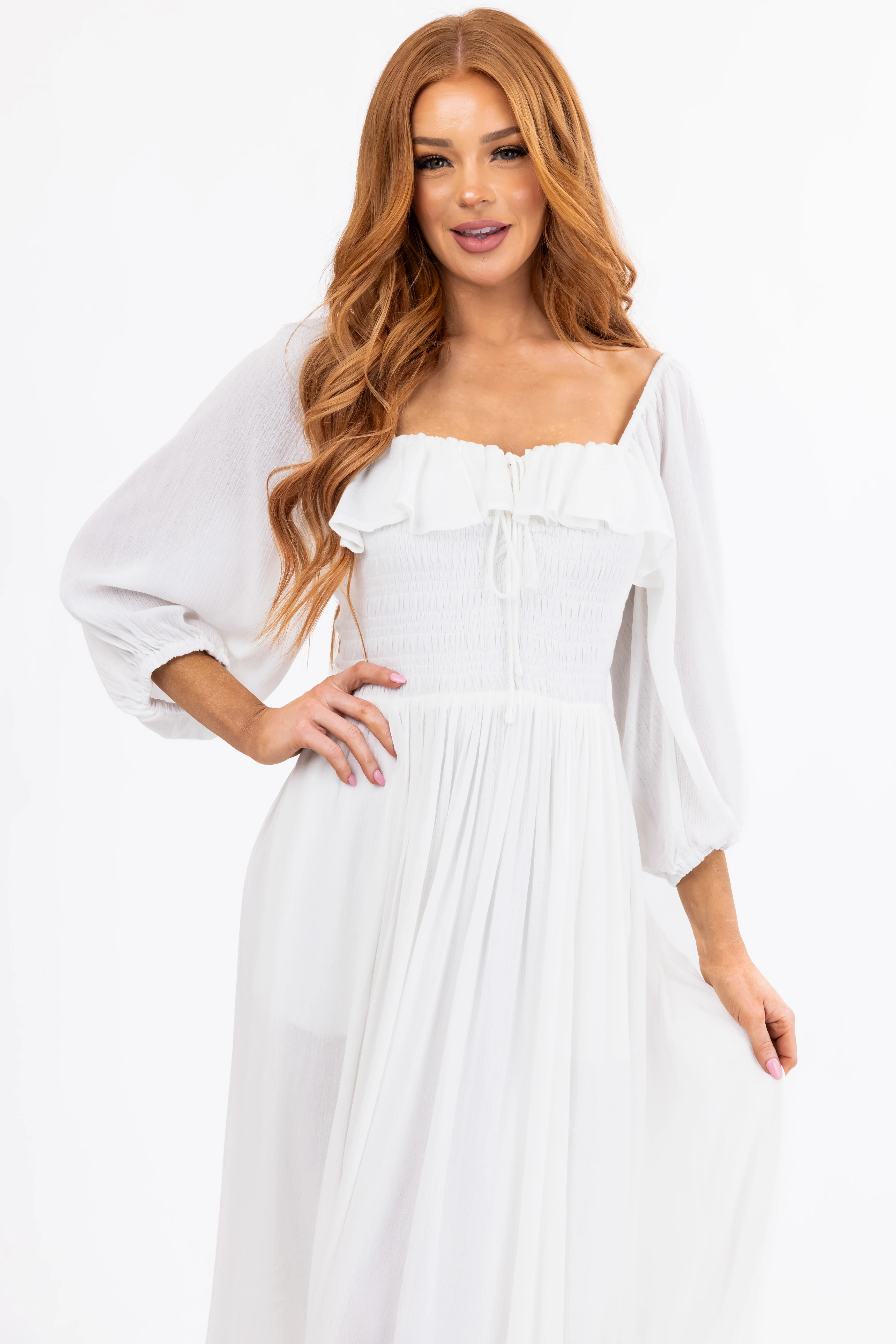 Ivory Smocked Top 3/4 Sleeve Midi Dress - Image 4