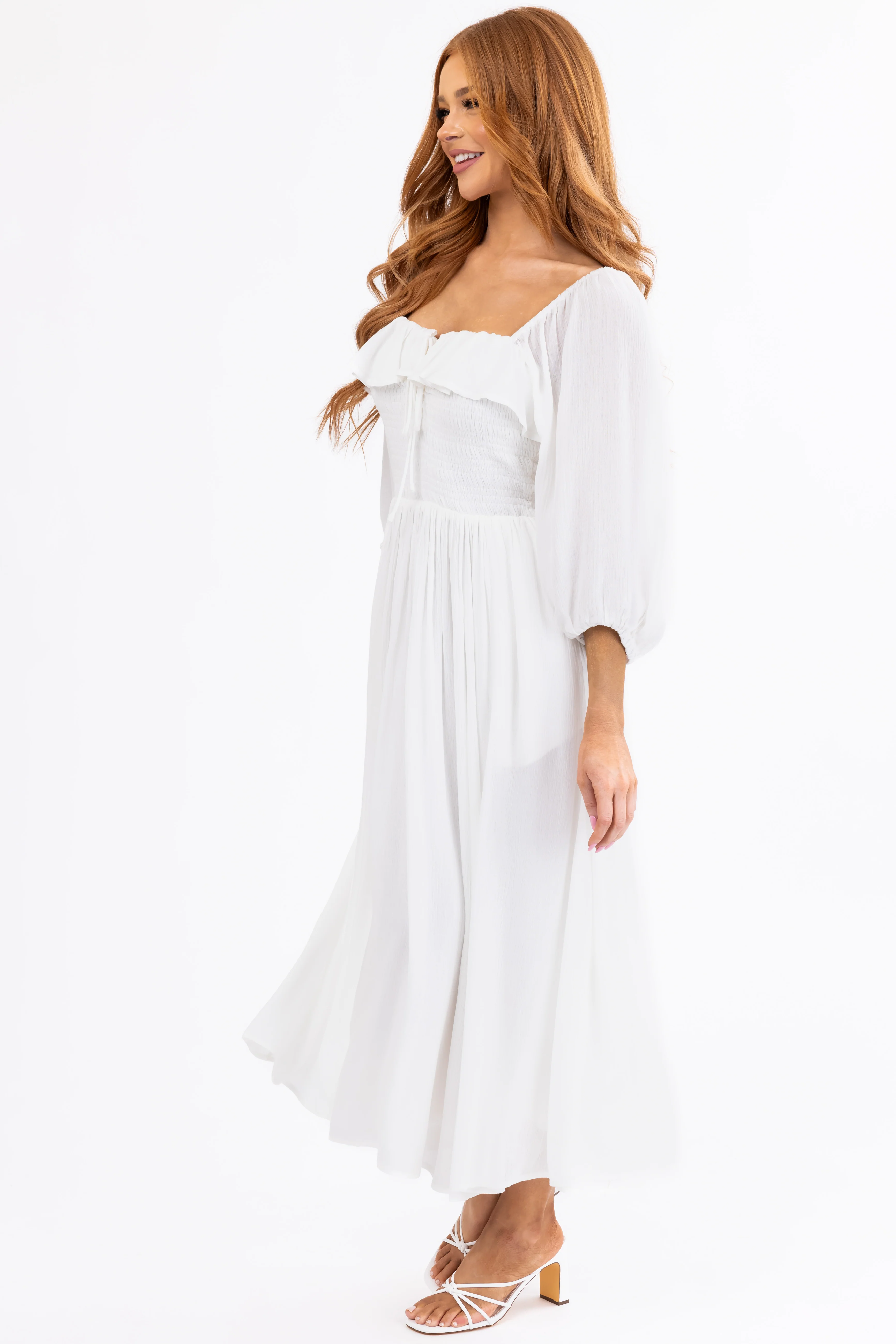 Ivory Smocked Top 3/4 Sleeve Midi Dress - Image 5