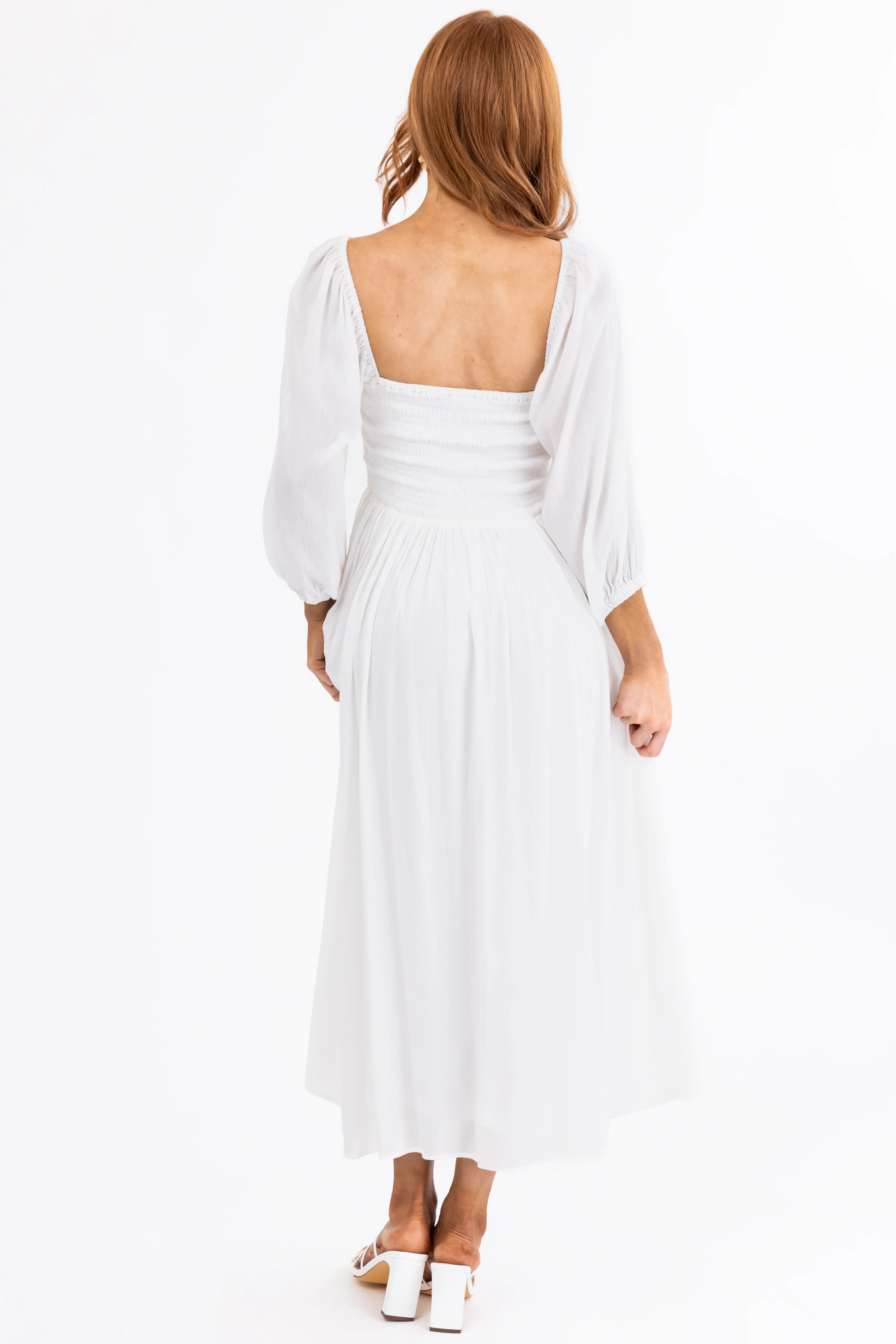 Ivory Smocked Top 3/4 Sleeve Midi Dress - Image 6
