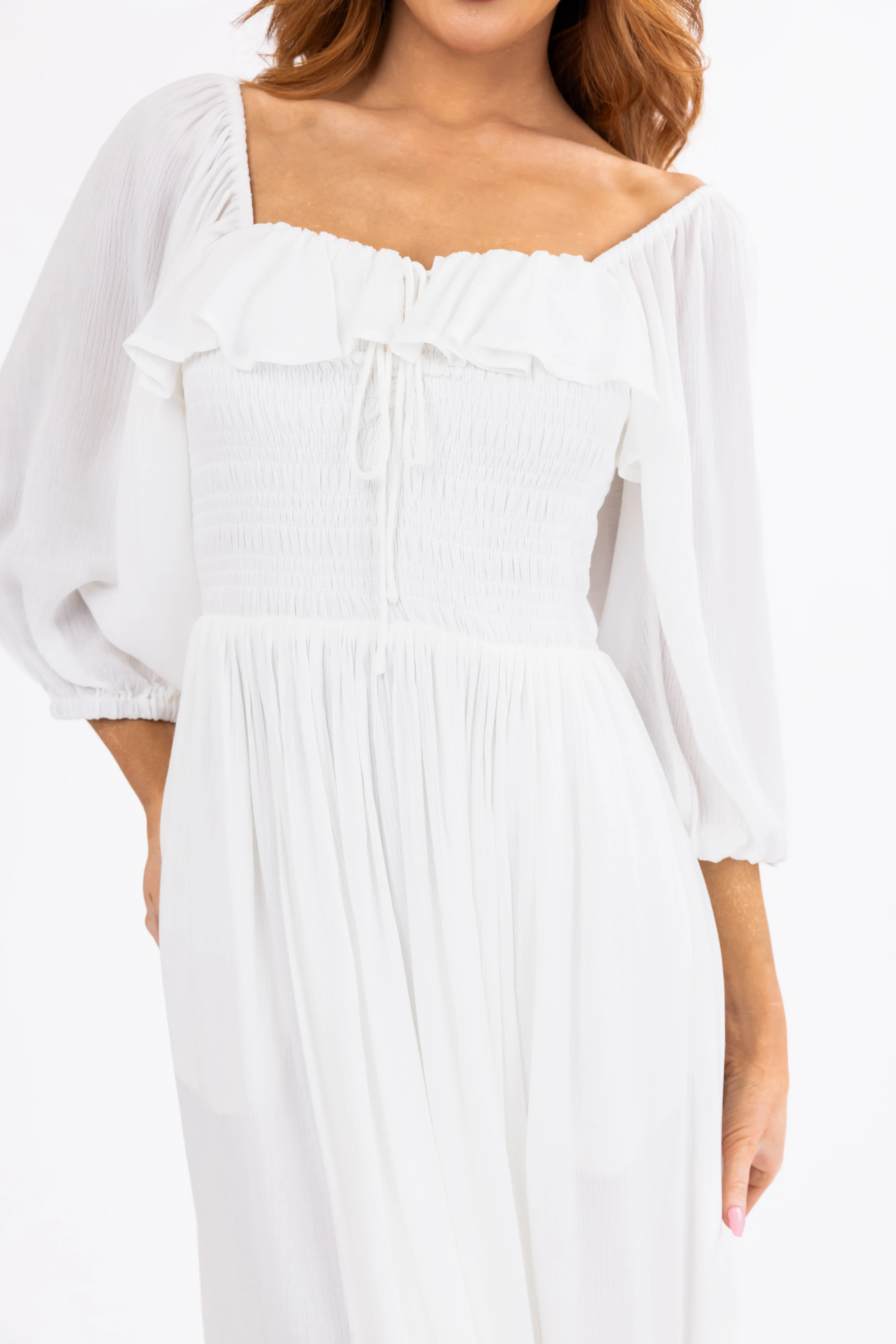 Ivory Smocked Top 3/4 Sleeve Midi Dress - Image 7