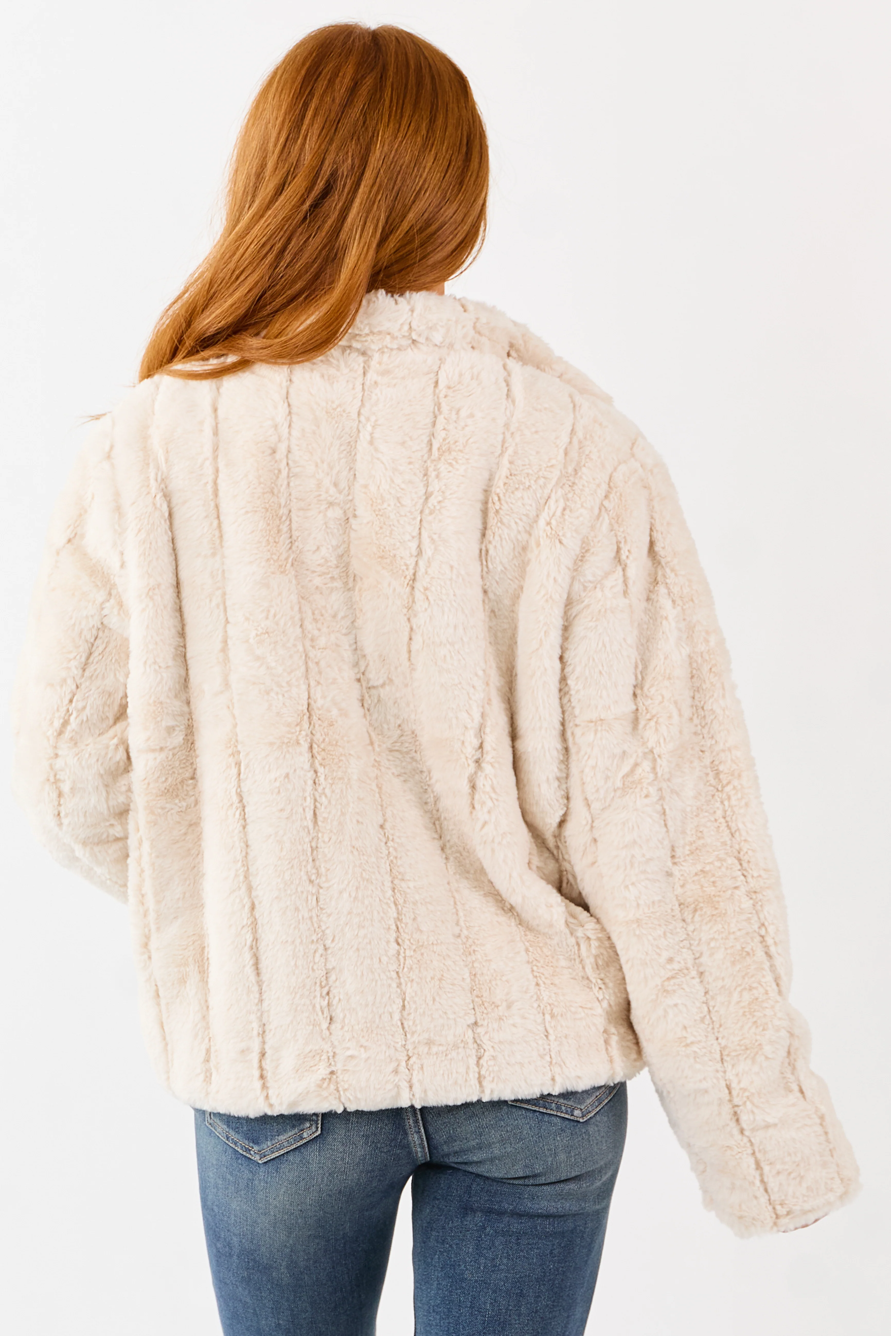 Ivory Soft Faux Fur Hook Closure Collared Jacket - Image 5