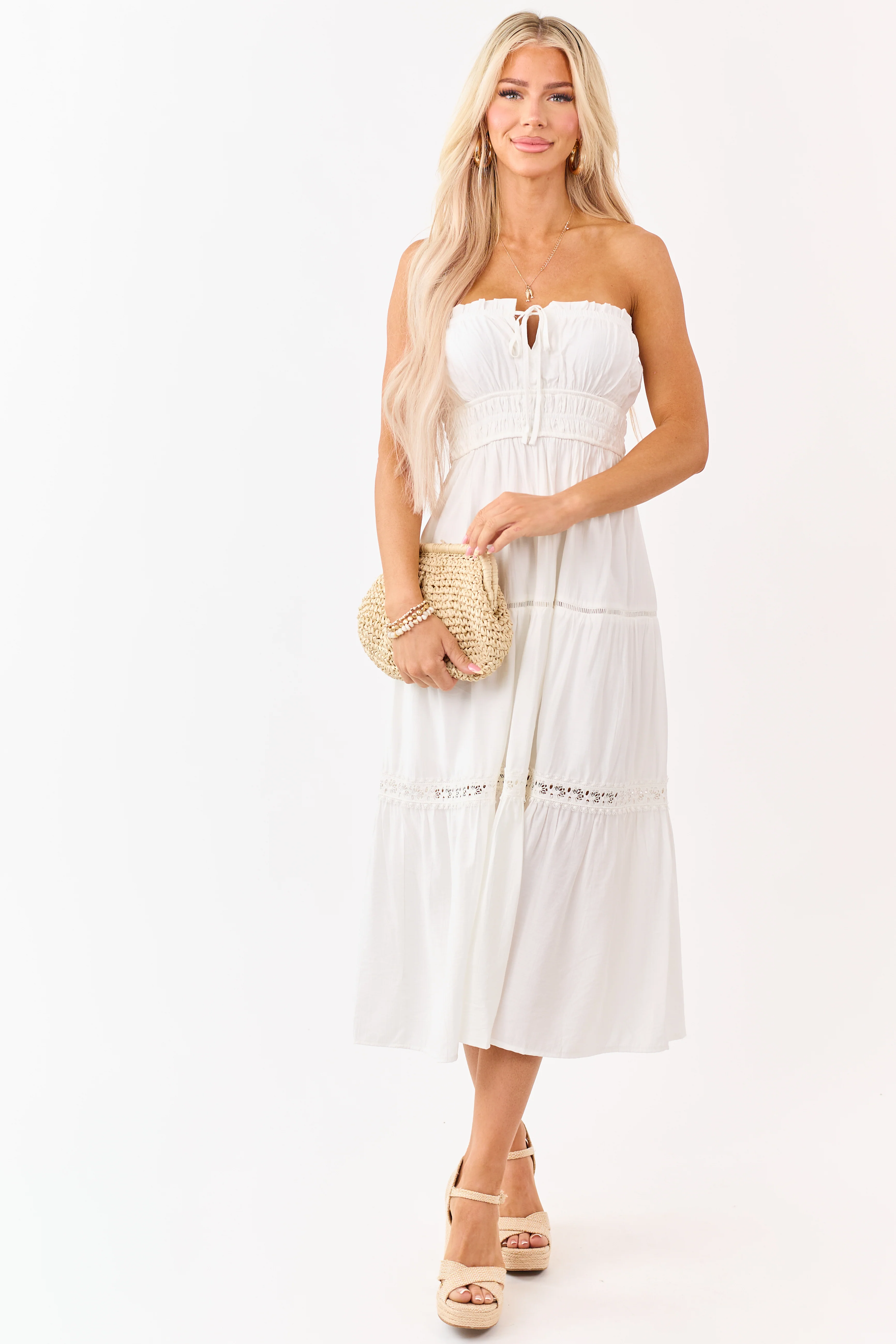 Ivory Strapless Tiered Lace Shirred Waist Midi Dress - Image 2