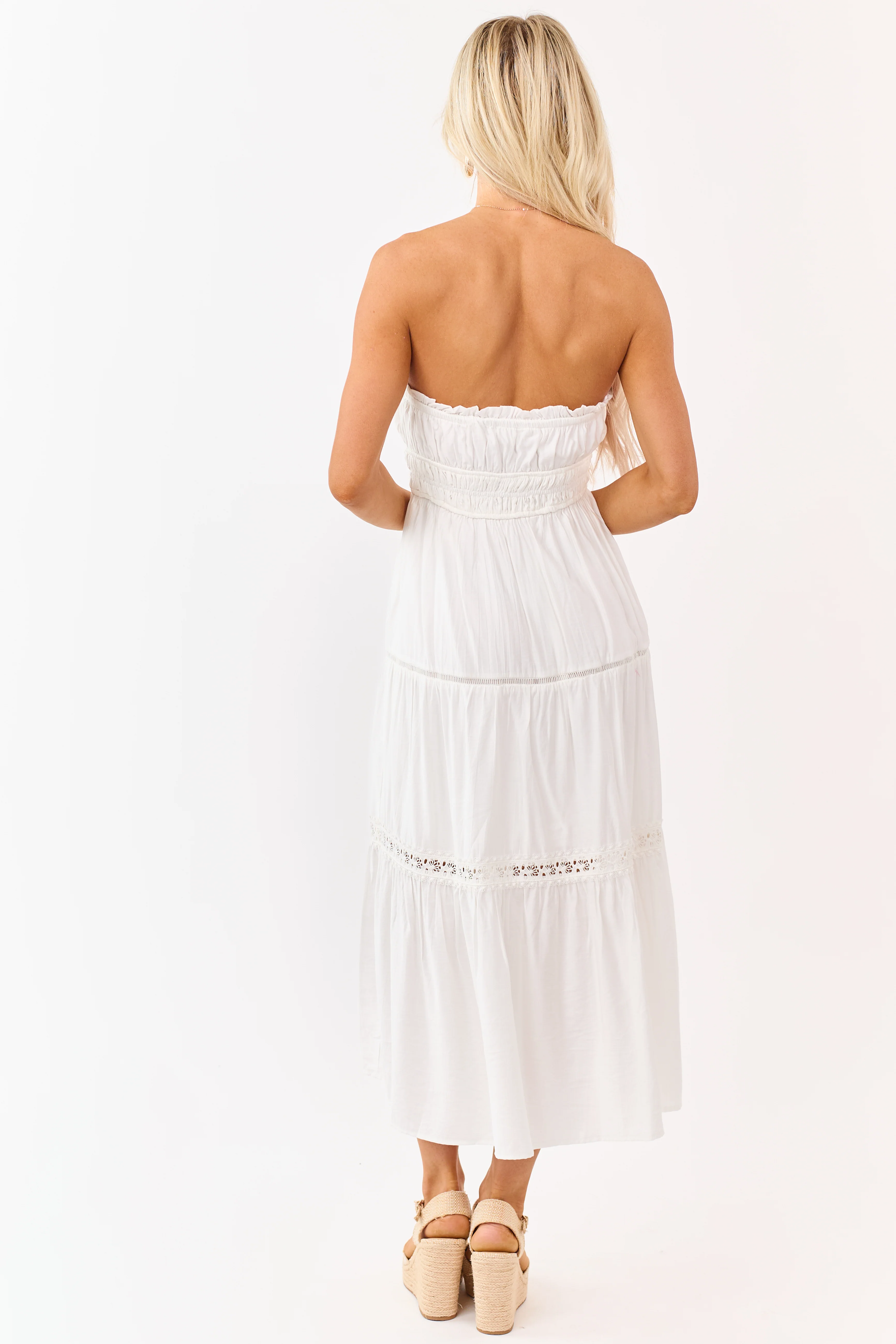 Ivory Strapless Tiered Lace Shirred Waist Midi Dress - Image 5