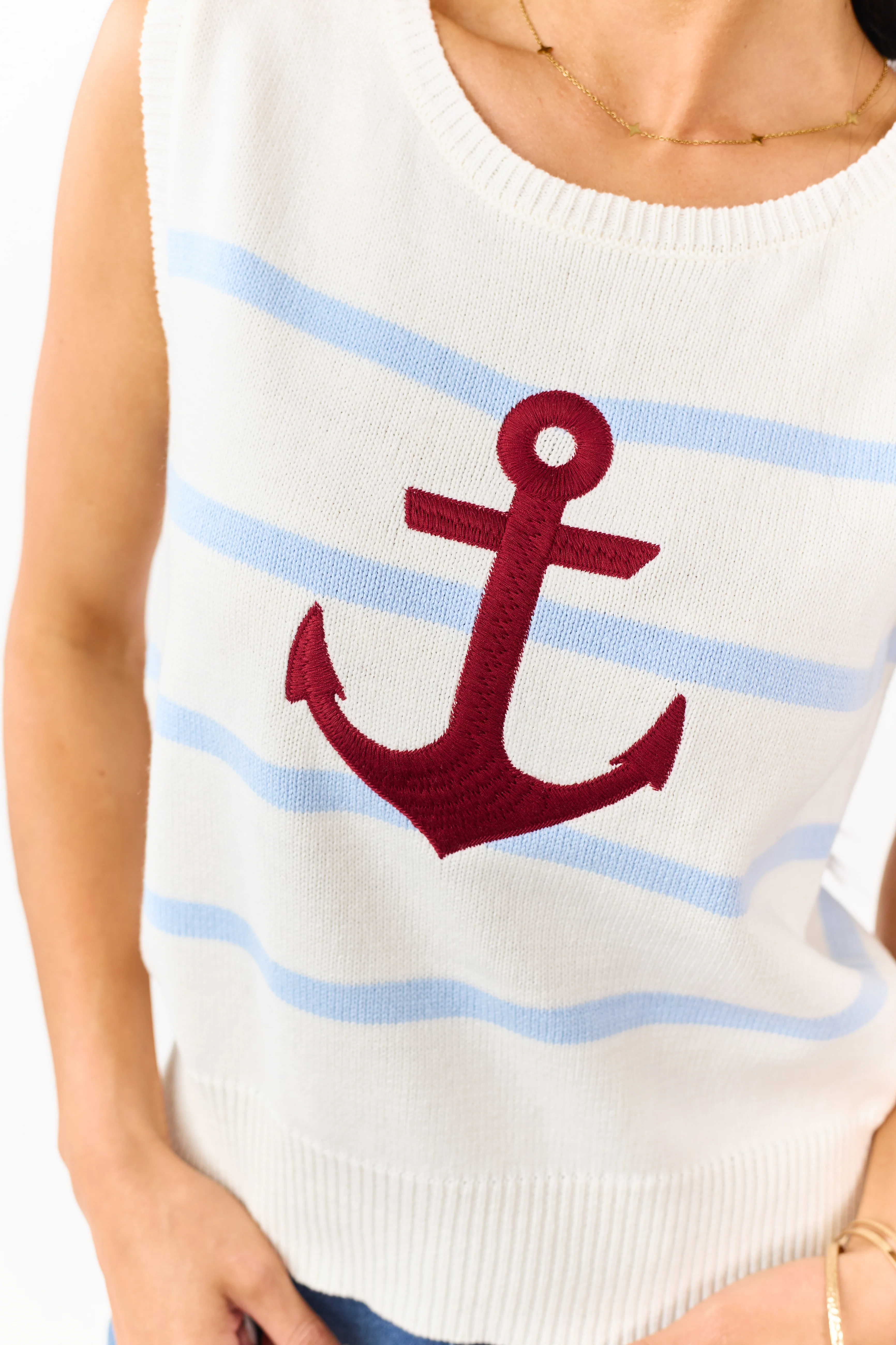 Ivory Striped Anchor Graphic Sweater Tank Top - Image 6