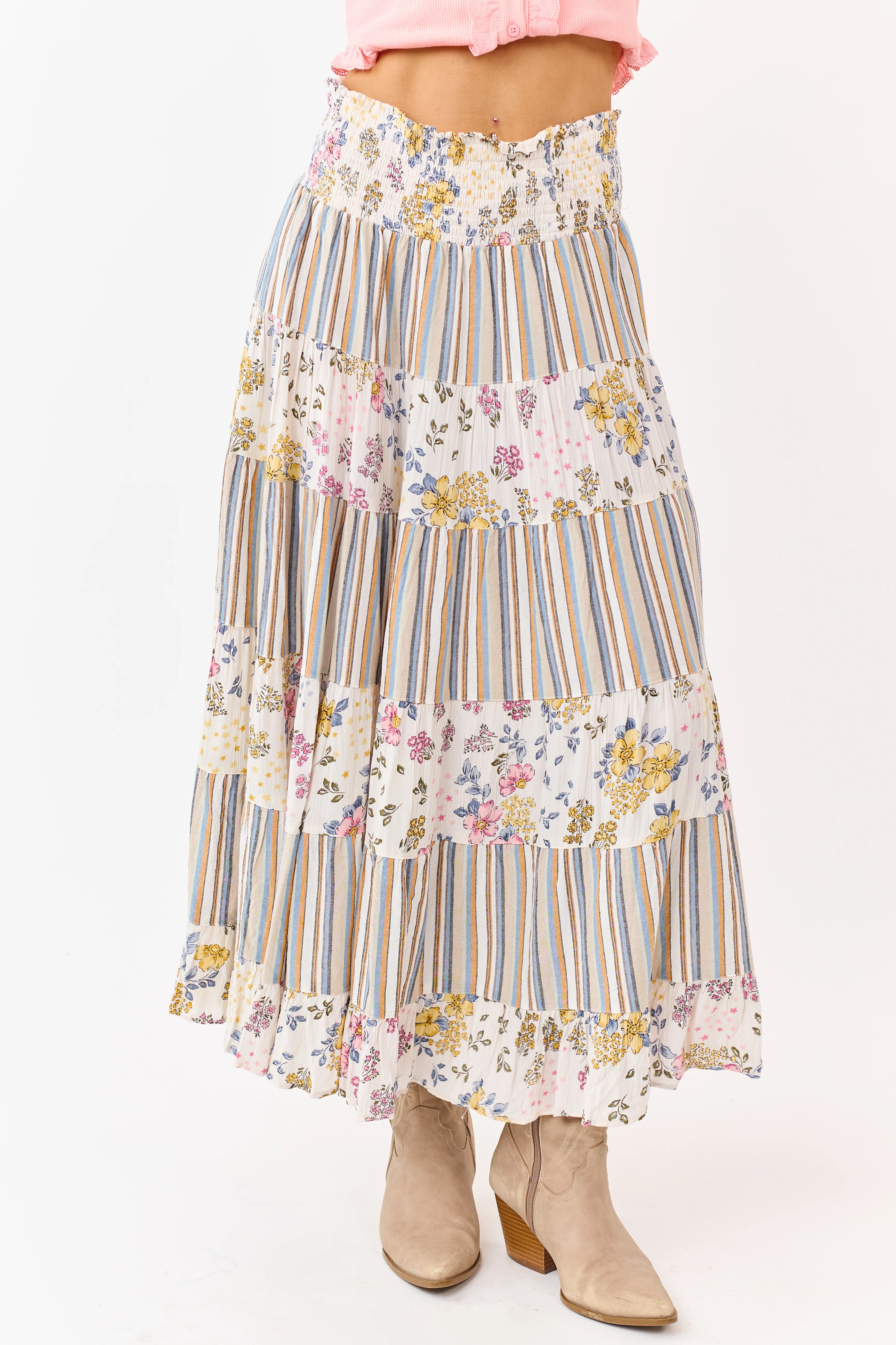 Ivory Striped and Floral Print Tiered Midi Skirt - Image 2