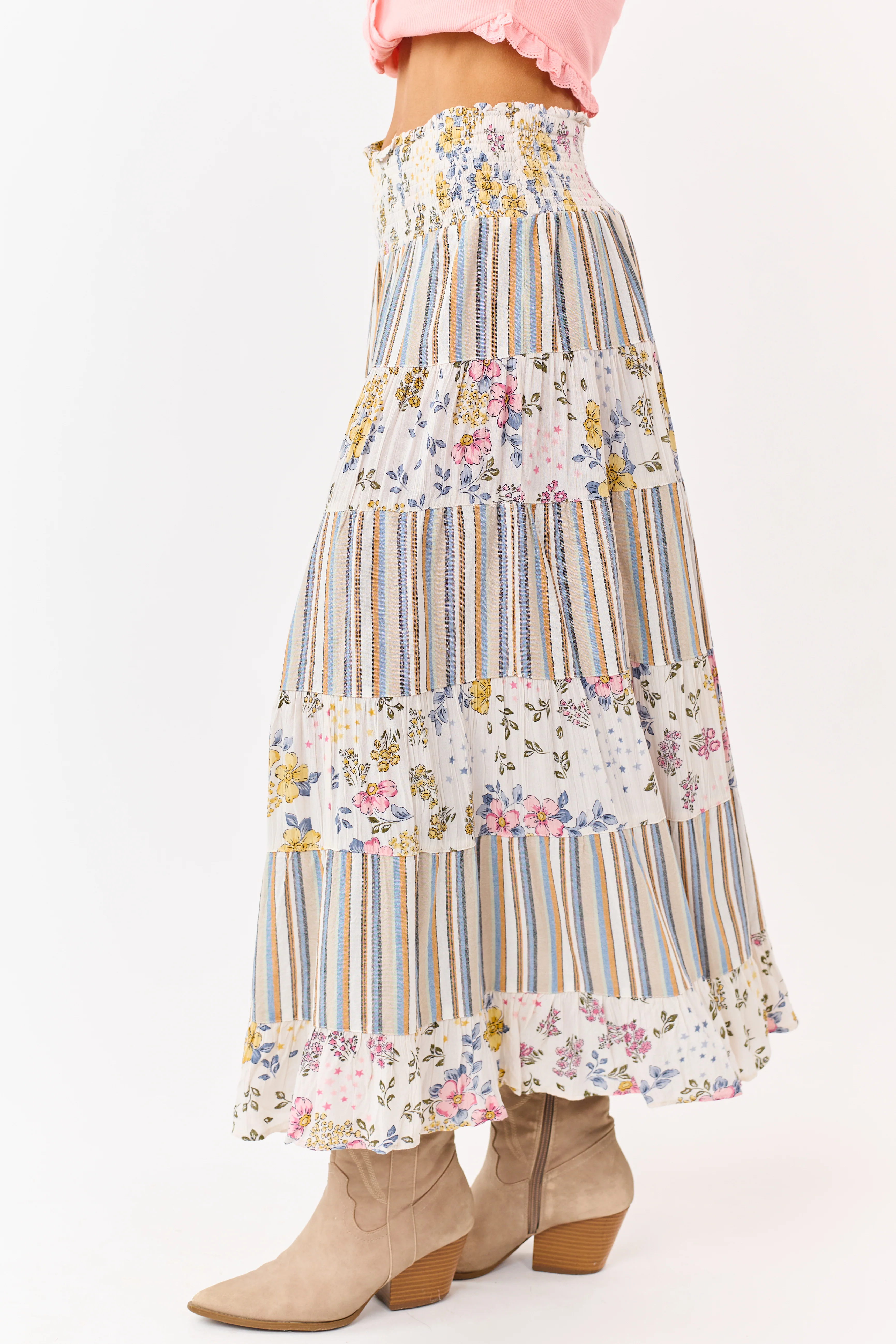 Ivory Striped and Floral Print Tiered Midi Skirt - Image 3