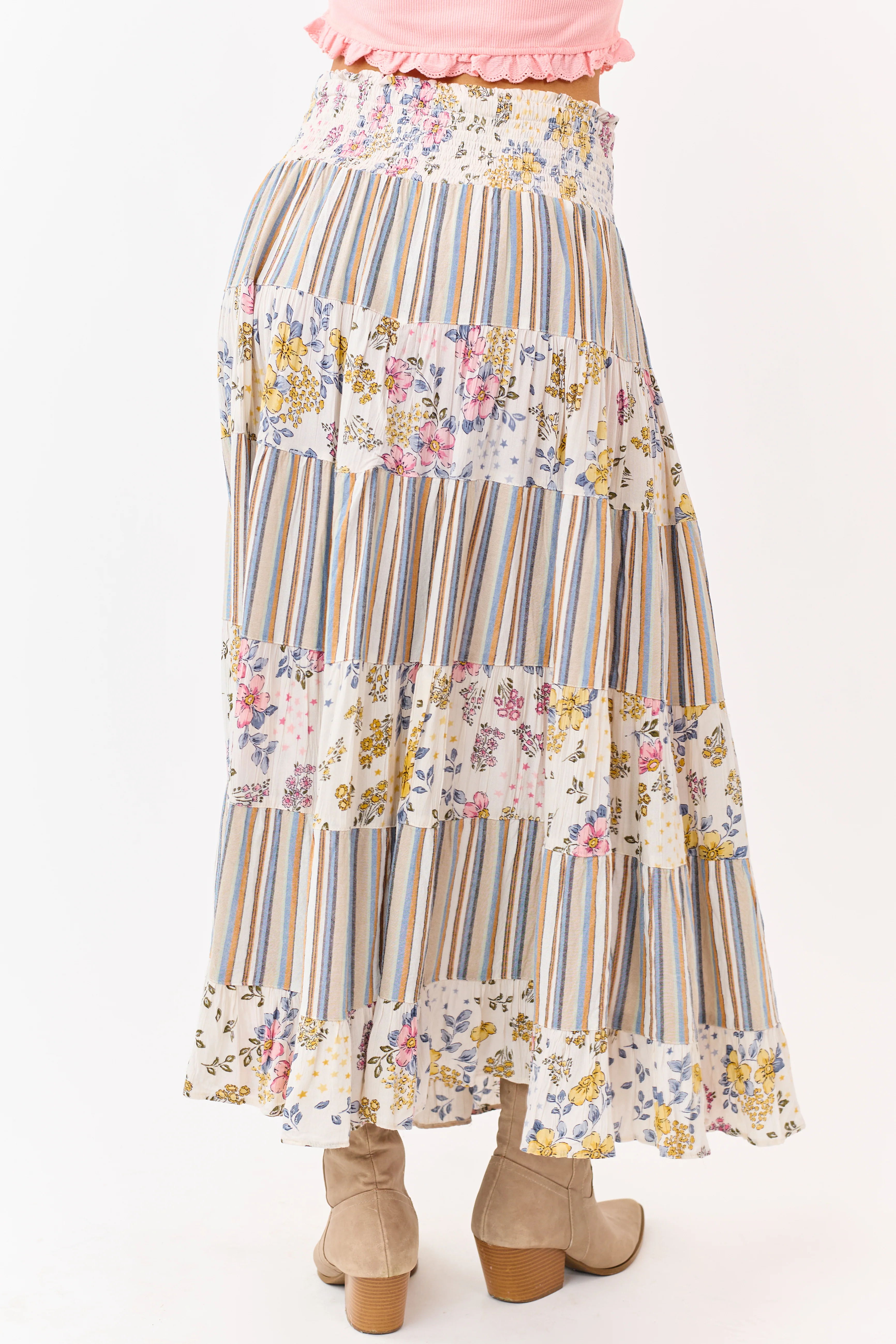 Ivory Striped and Floral Print Tiered Midi Skirt - Image 4