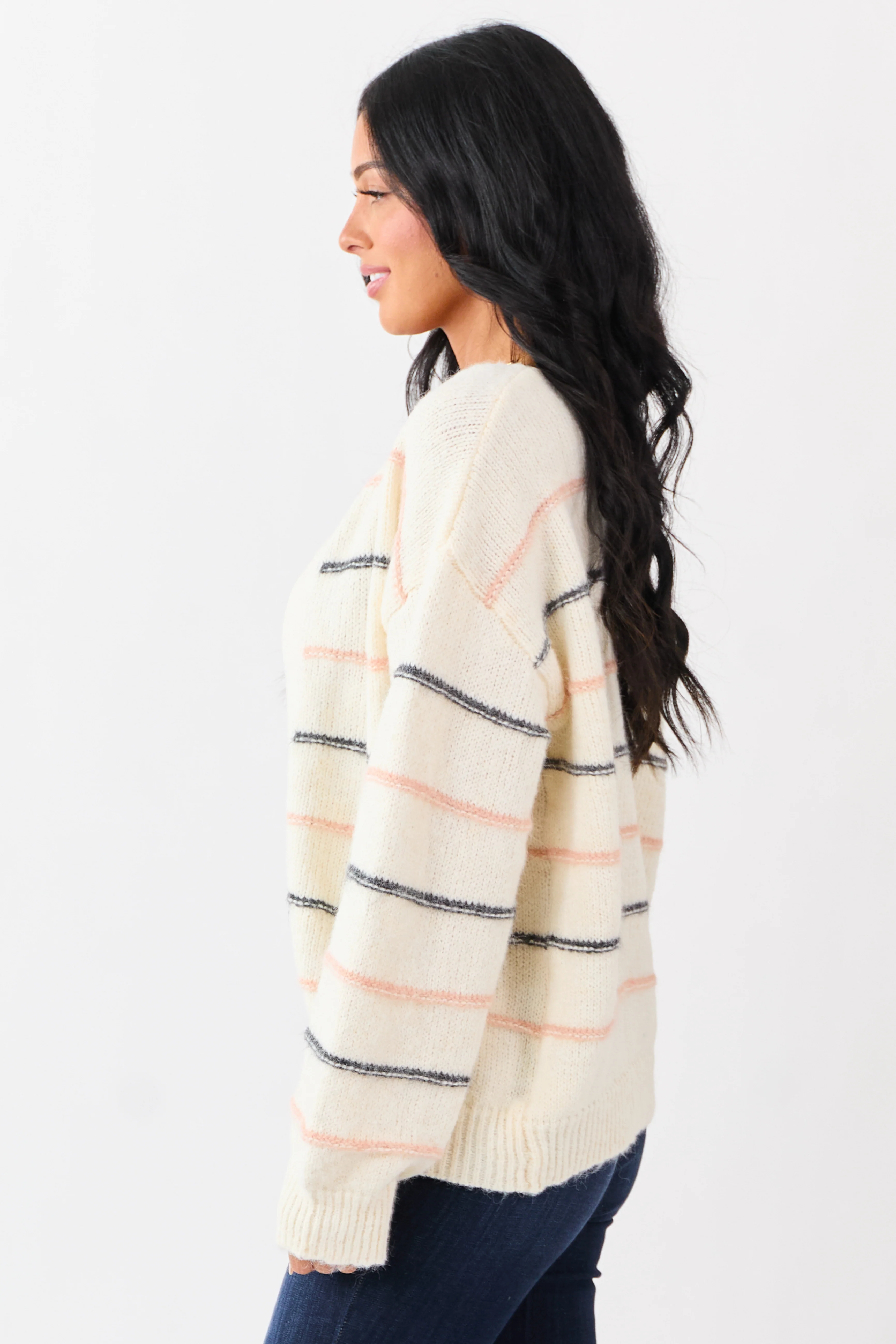 Ivory Striped Fuzzy Wool Blend Open Front Cardigan - Image 4