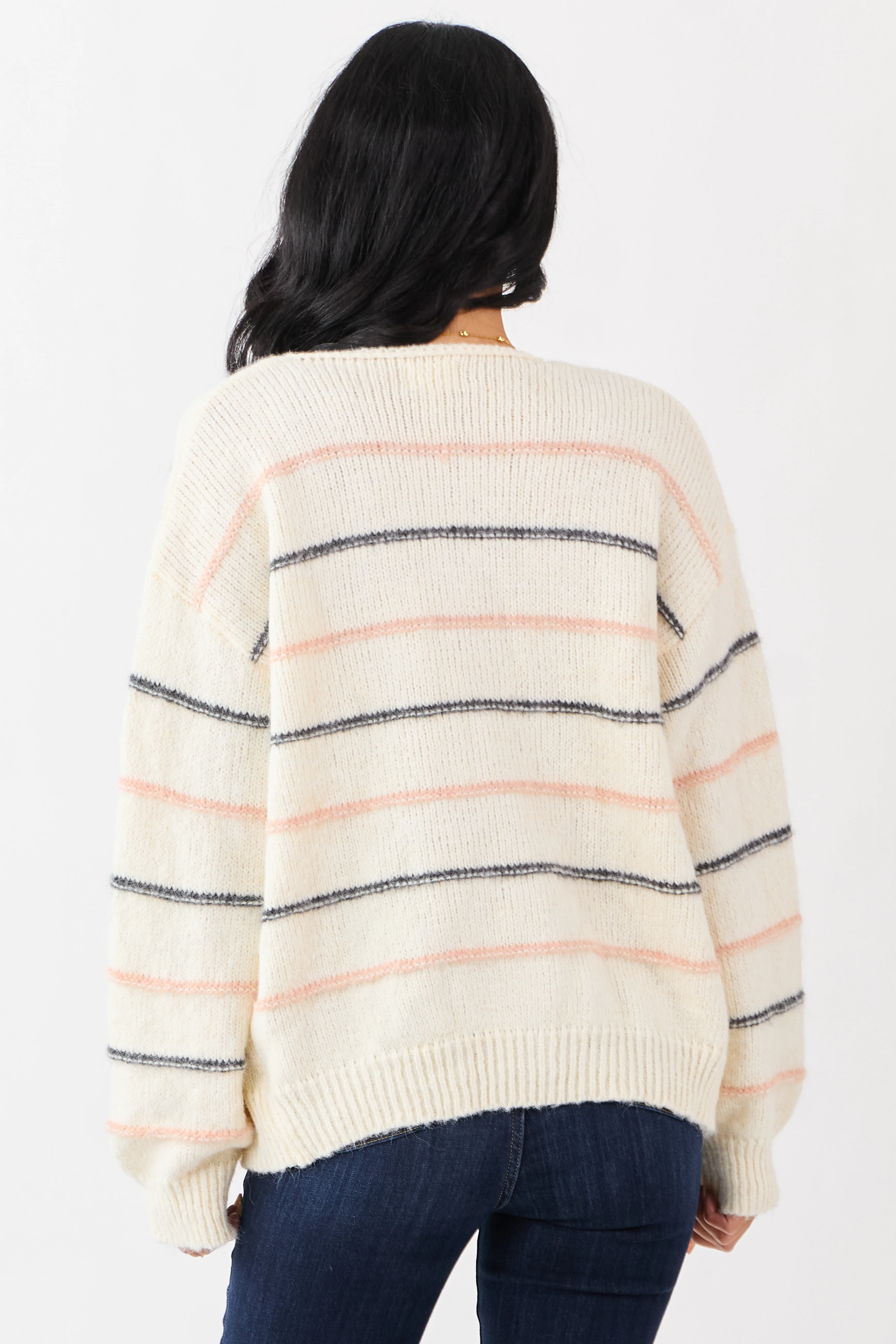 Ivory Striped Fuzzy Wool Blend Open Front Cardigan - Image 5