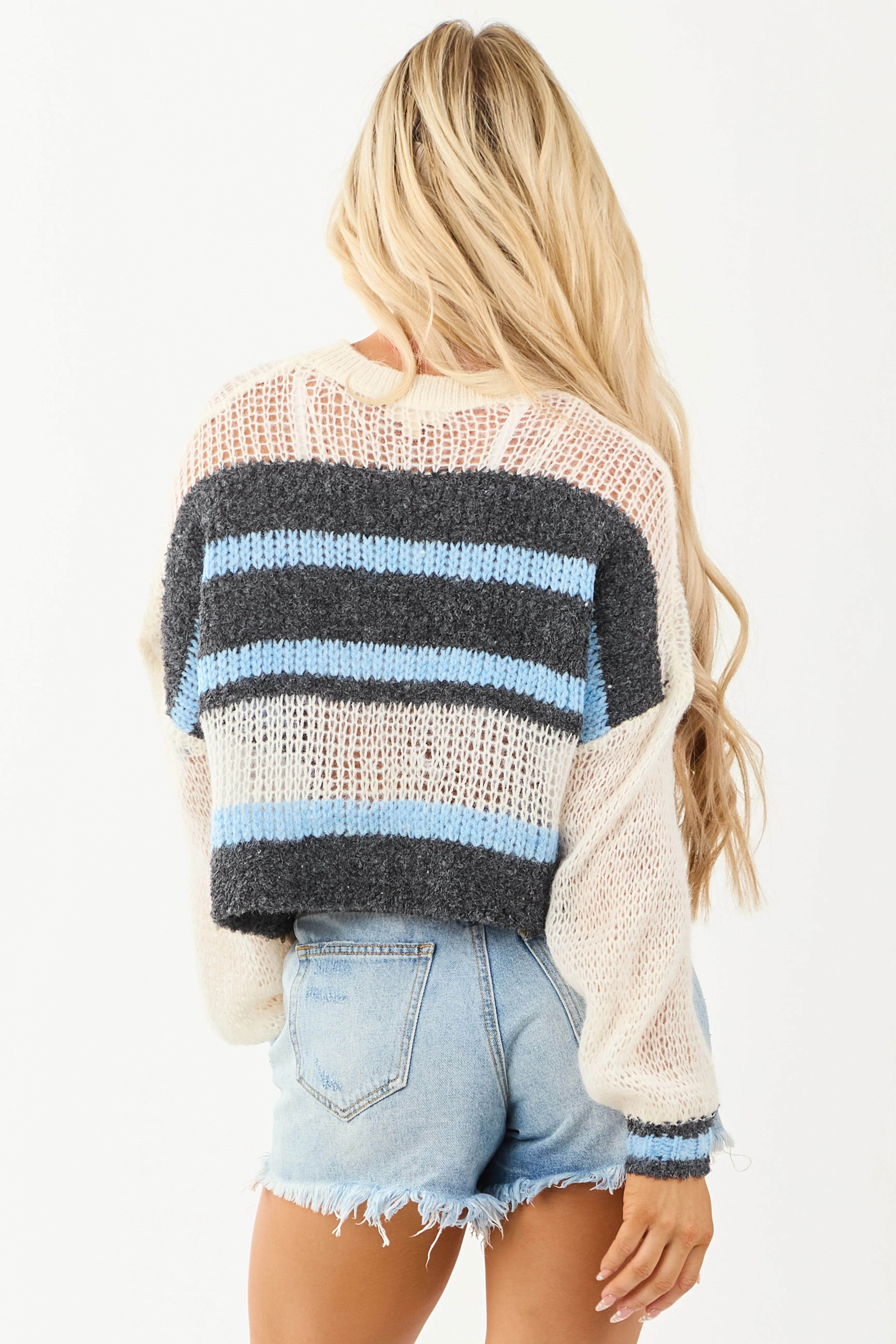 Ivory Striped Long Sleeve Cropped Knit Sweater - Image 6
