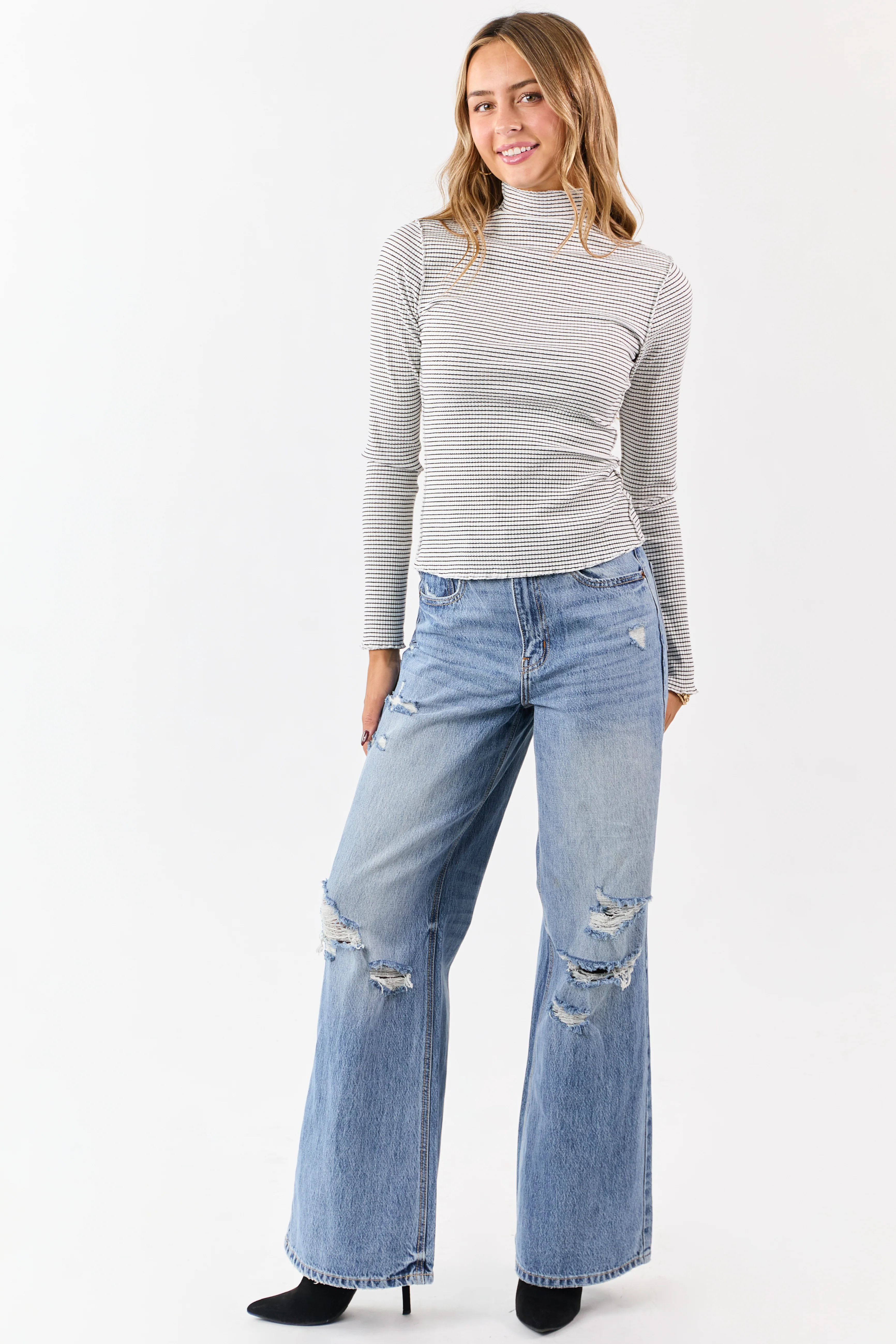 Ivory Striped Ribbed Knit Long Sleeve Mock Neck Top - Image 3