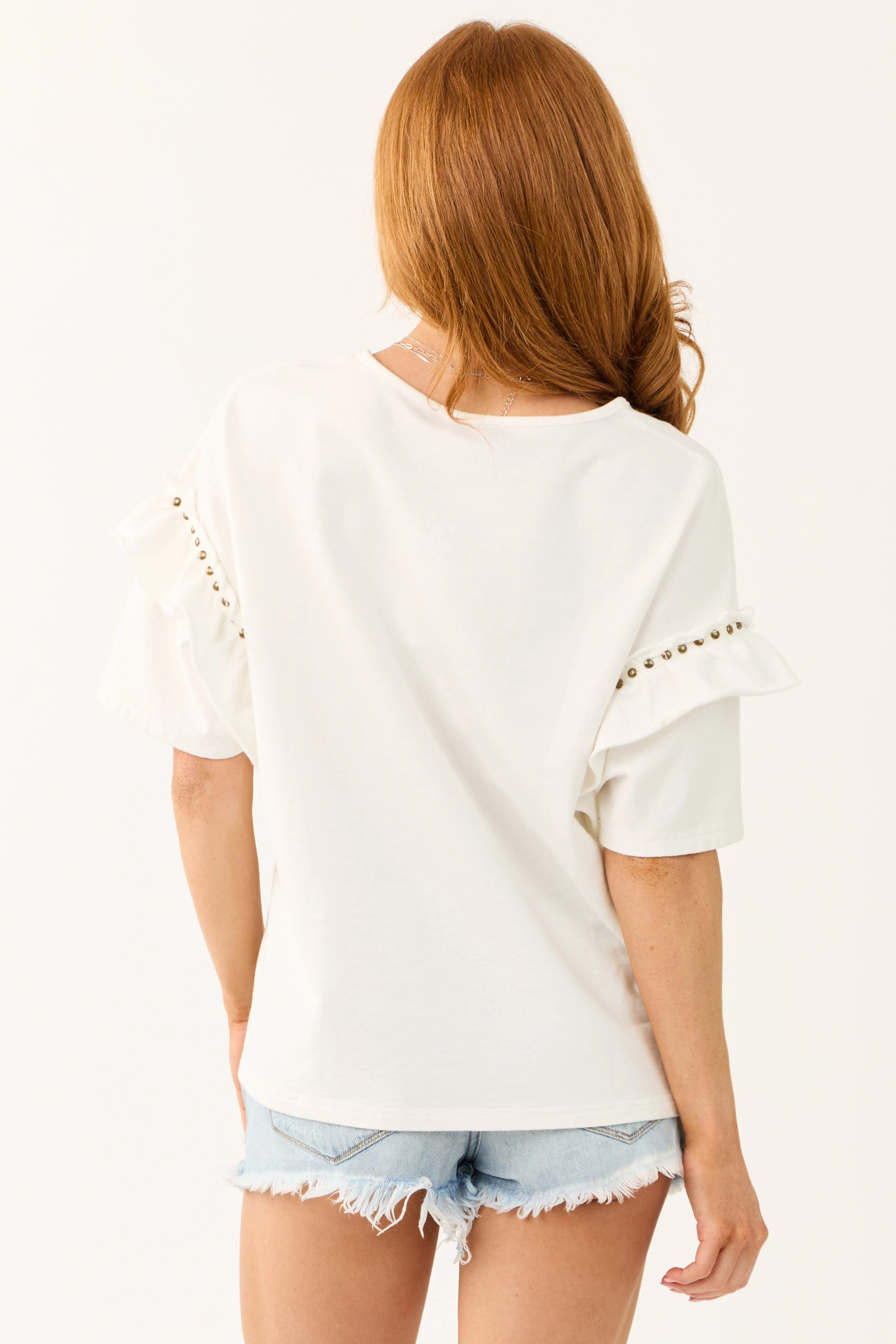 Ivory Studded Detail Half Ruffle Sleeve Top - Image 6