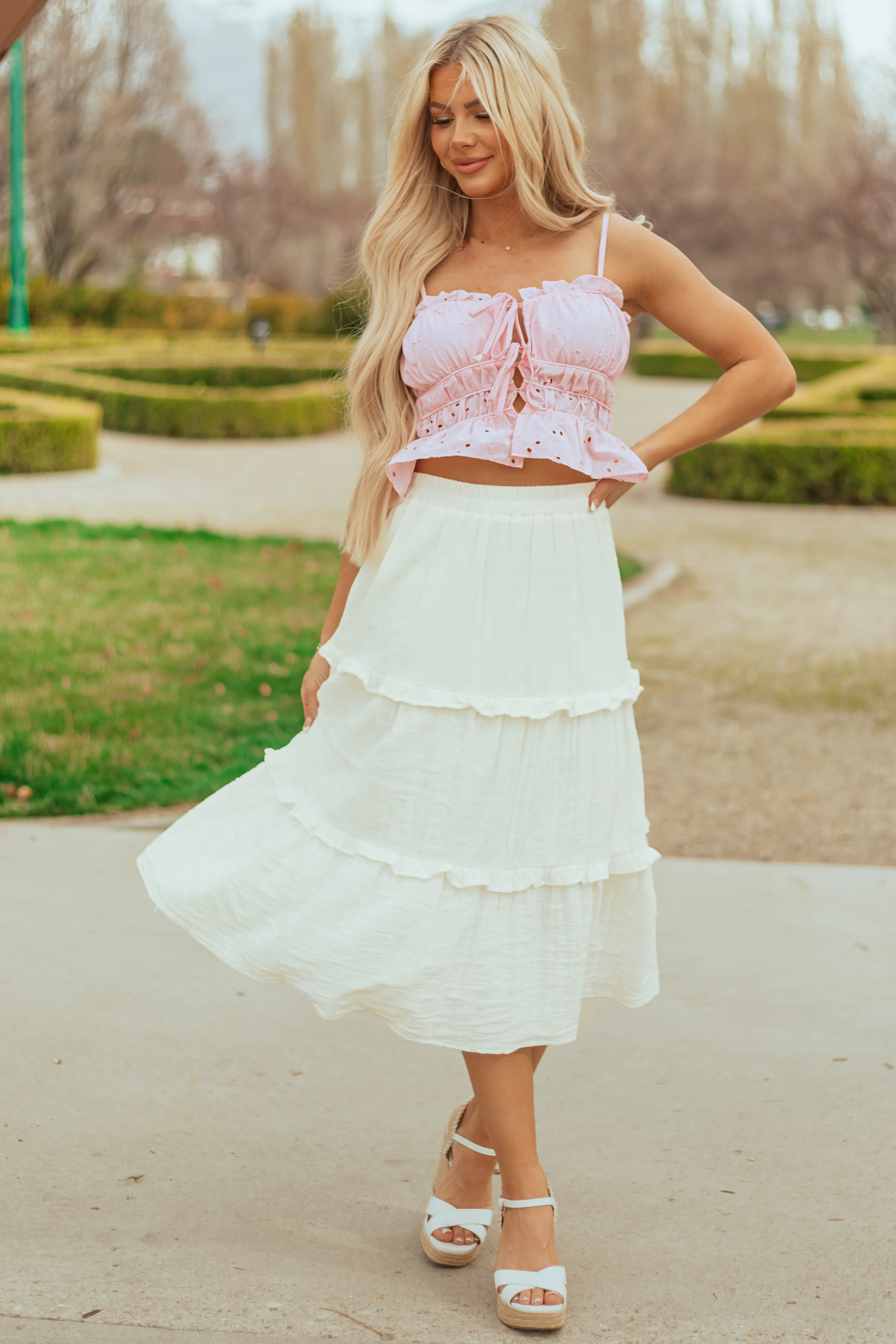 Ivory Tiered Frill Smocked Waist Midi Skirt - Image 2