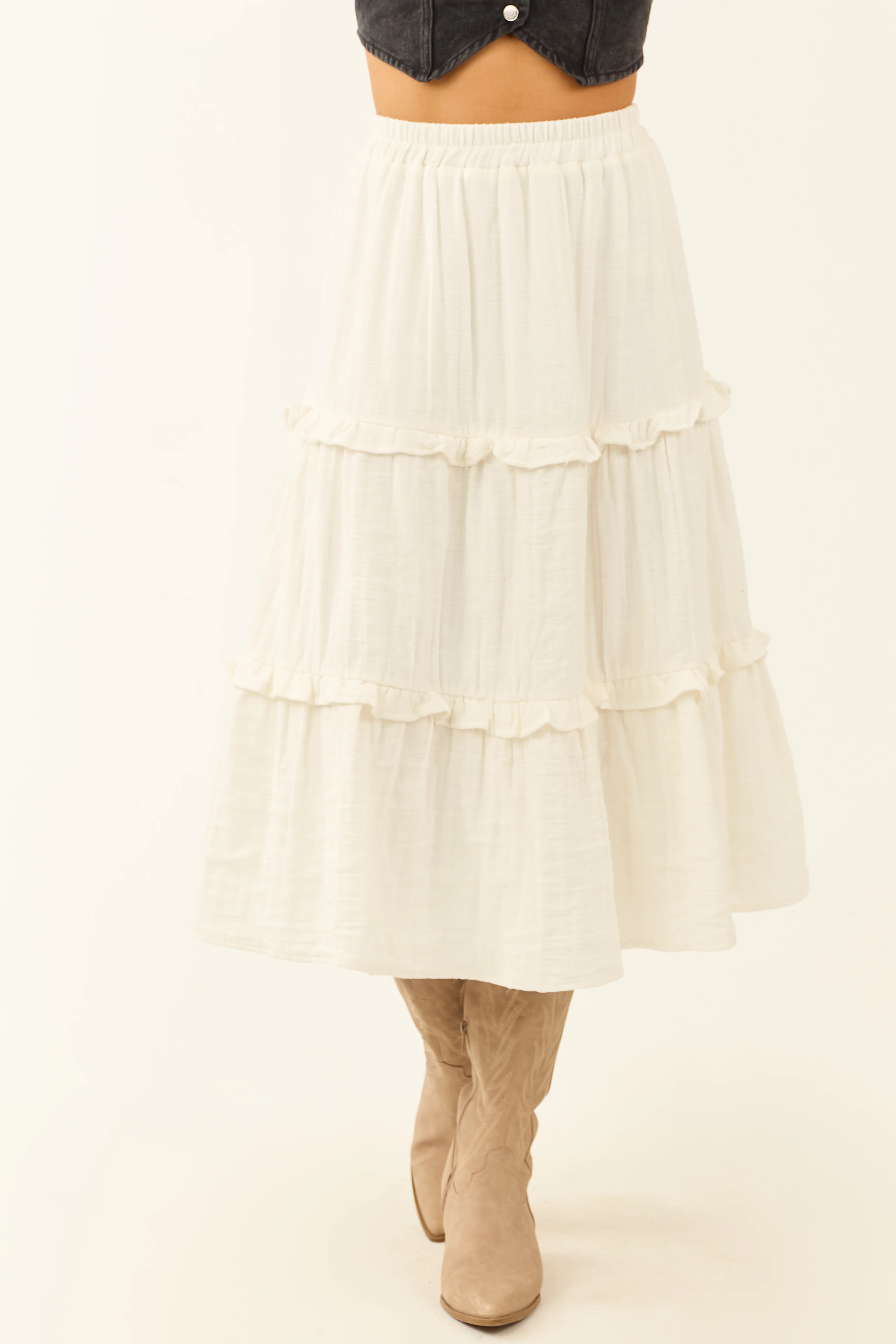 Ivory Tiered Frill Smocked Waist Midi Skirt - Image 3