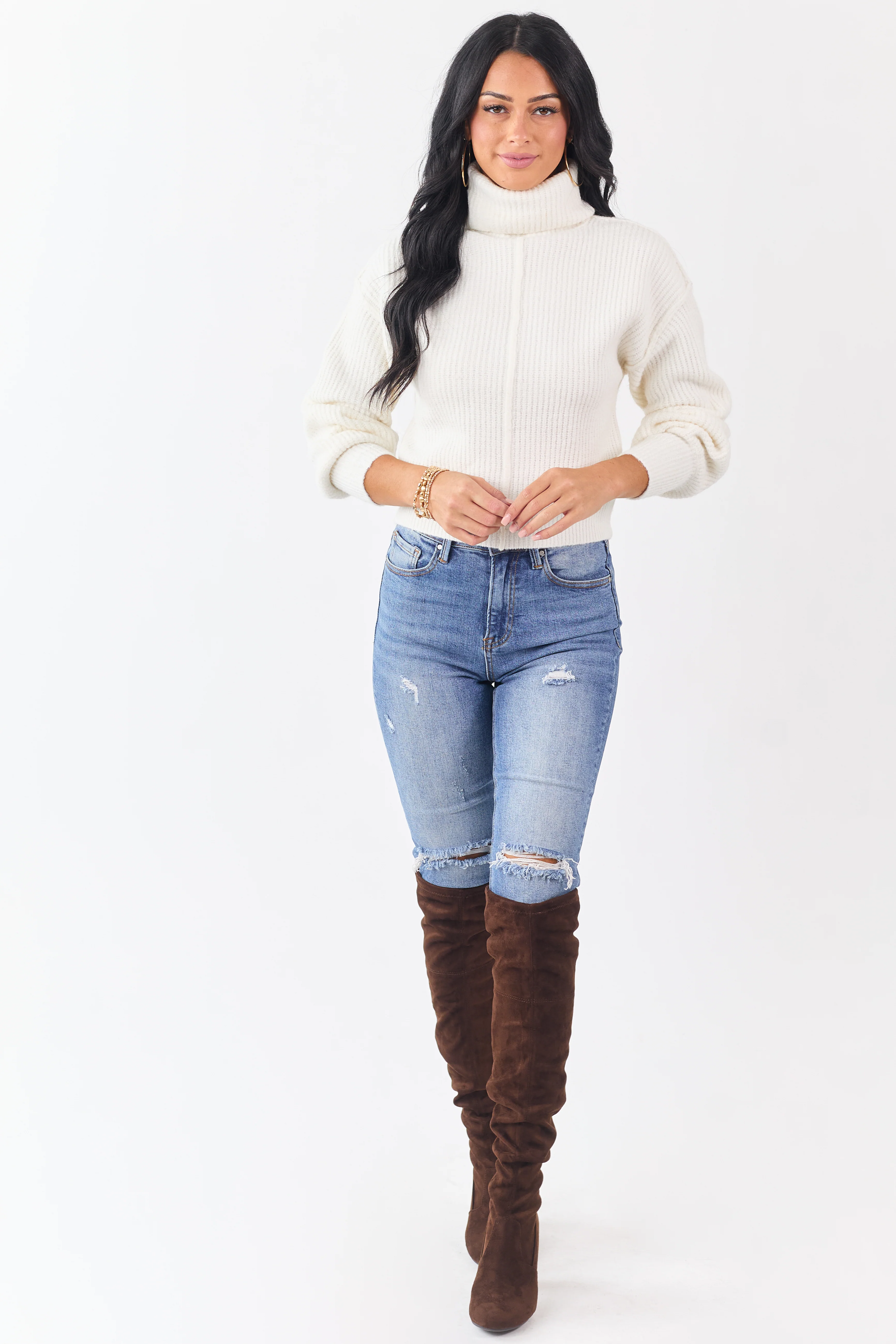 Ivory Turtleneck Bubble Sleeve Rib Knit Sweater - Image 2