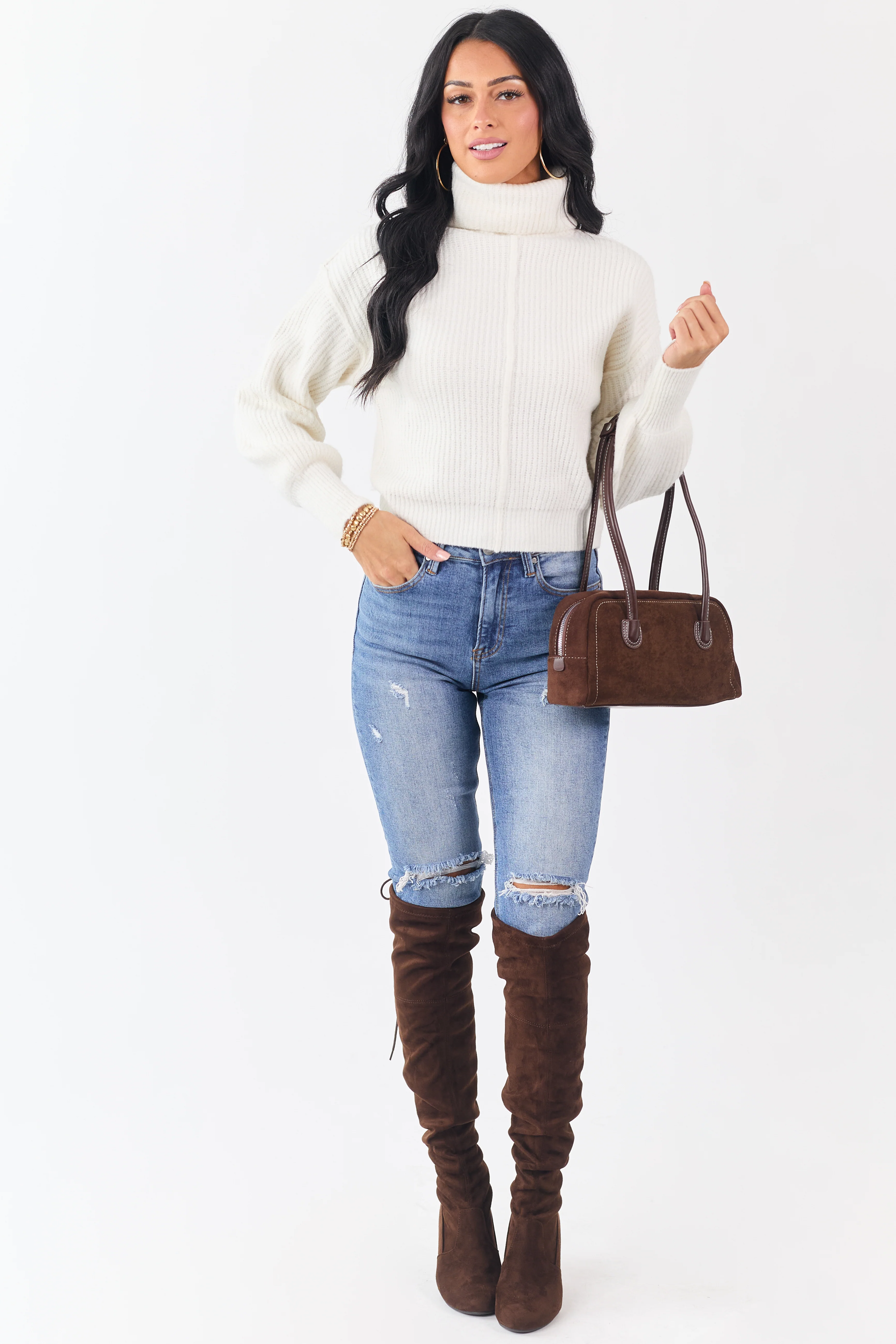 Ivory Turtleneck Bubble Sleeve Rib Knit Sweater - Image 3