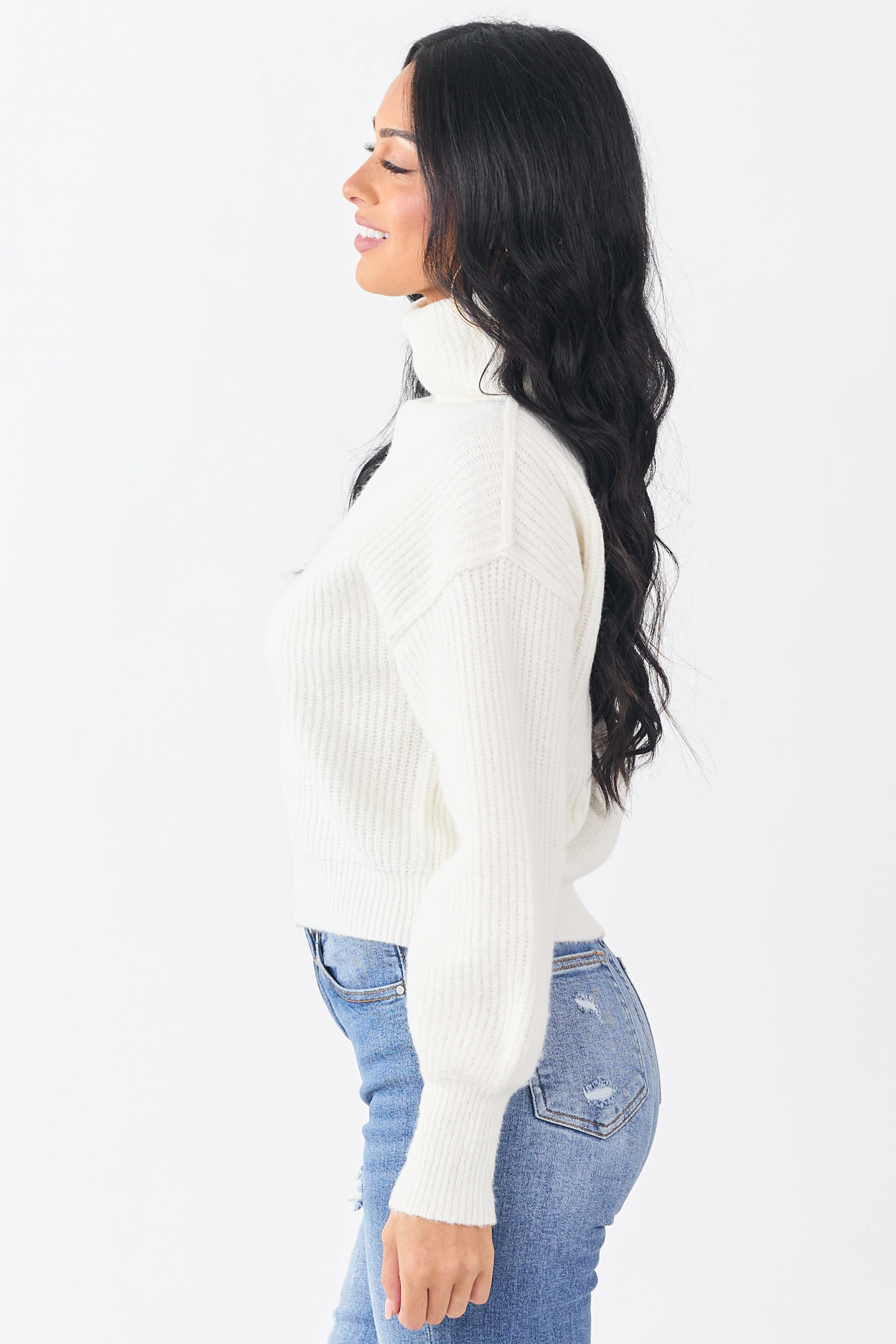 Ivory Turtleneck Bubble Sleeve Rib Knit Sweater - Image 4