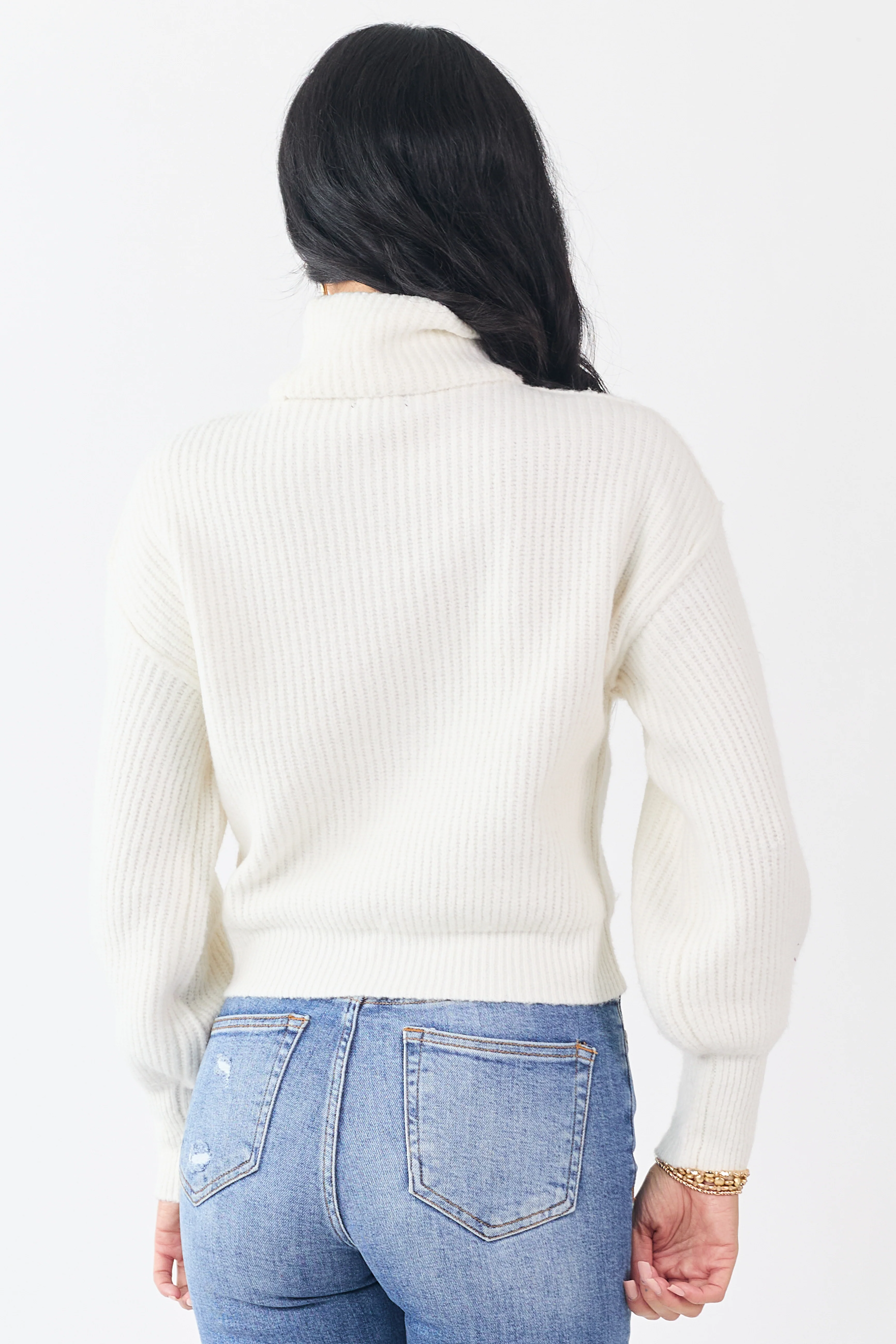 Ivory Turtleneck Bubble Sleeve Rib Knit Sweater - Image 5