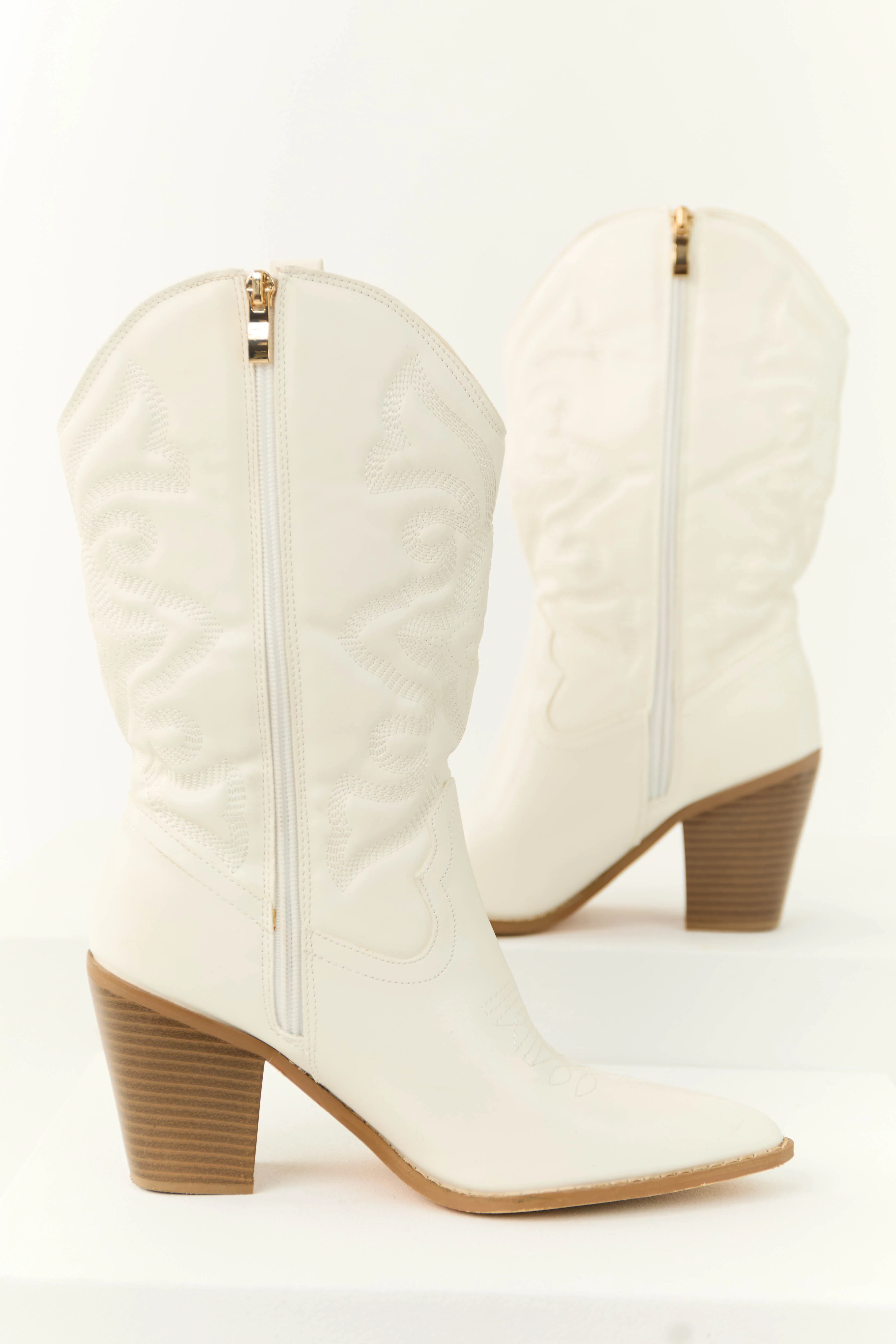 Ivory Western Embroidered Mid Calf Boots - Image 3