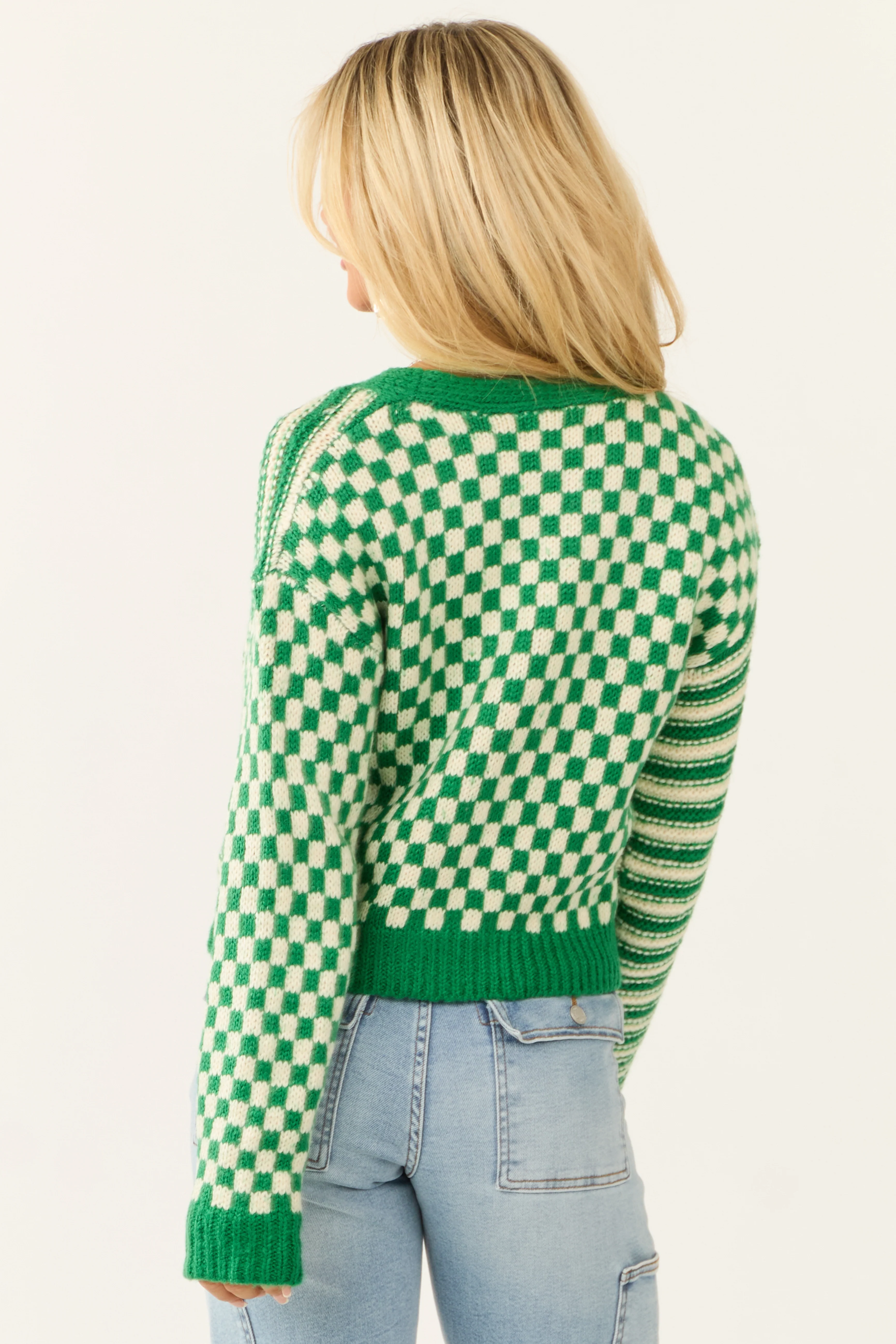 Jade and Cream Checkered and Stripe Print Cardigan - Image 7