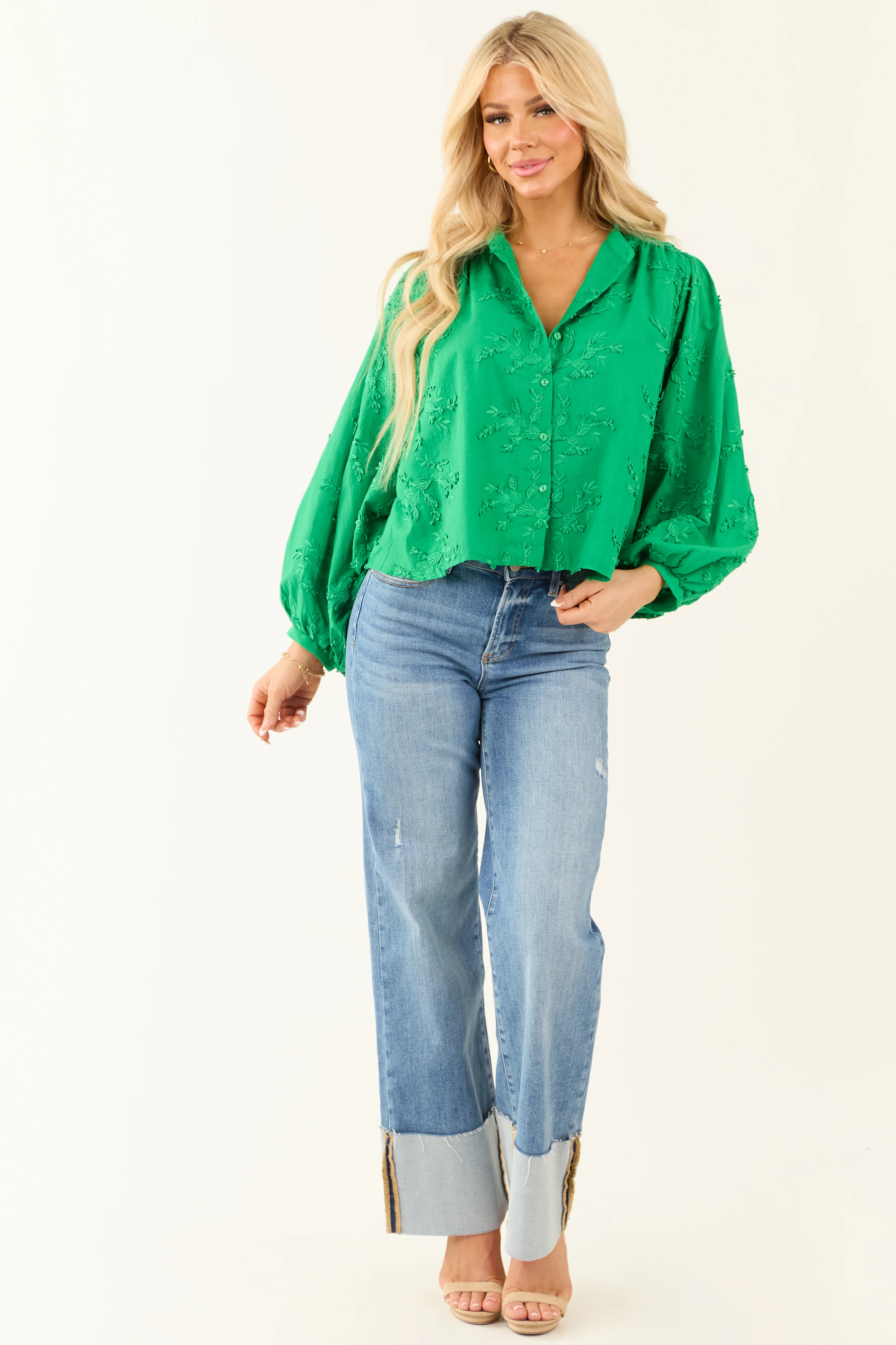 Jade Floral Embroidery Button Down Long Sleeve Top - Image 3