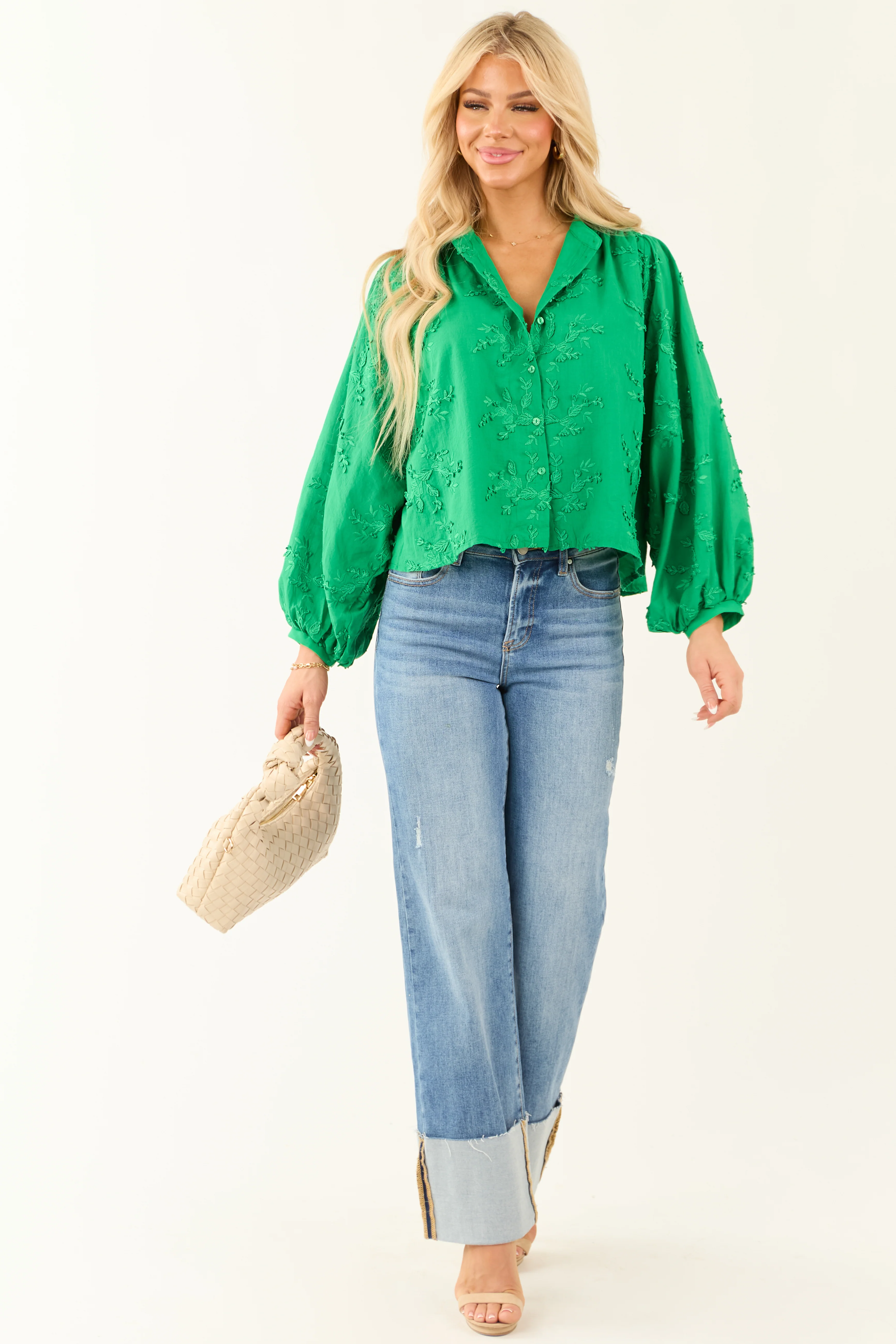 Jade Floral Embroidery Button Down Long Sleeve Top - Image 4