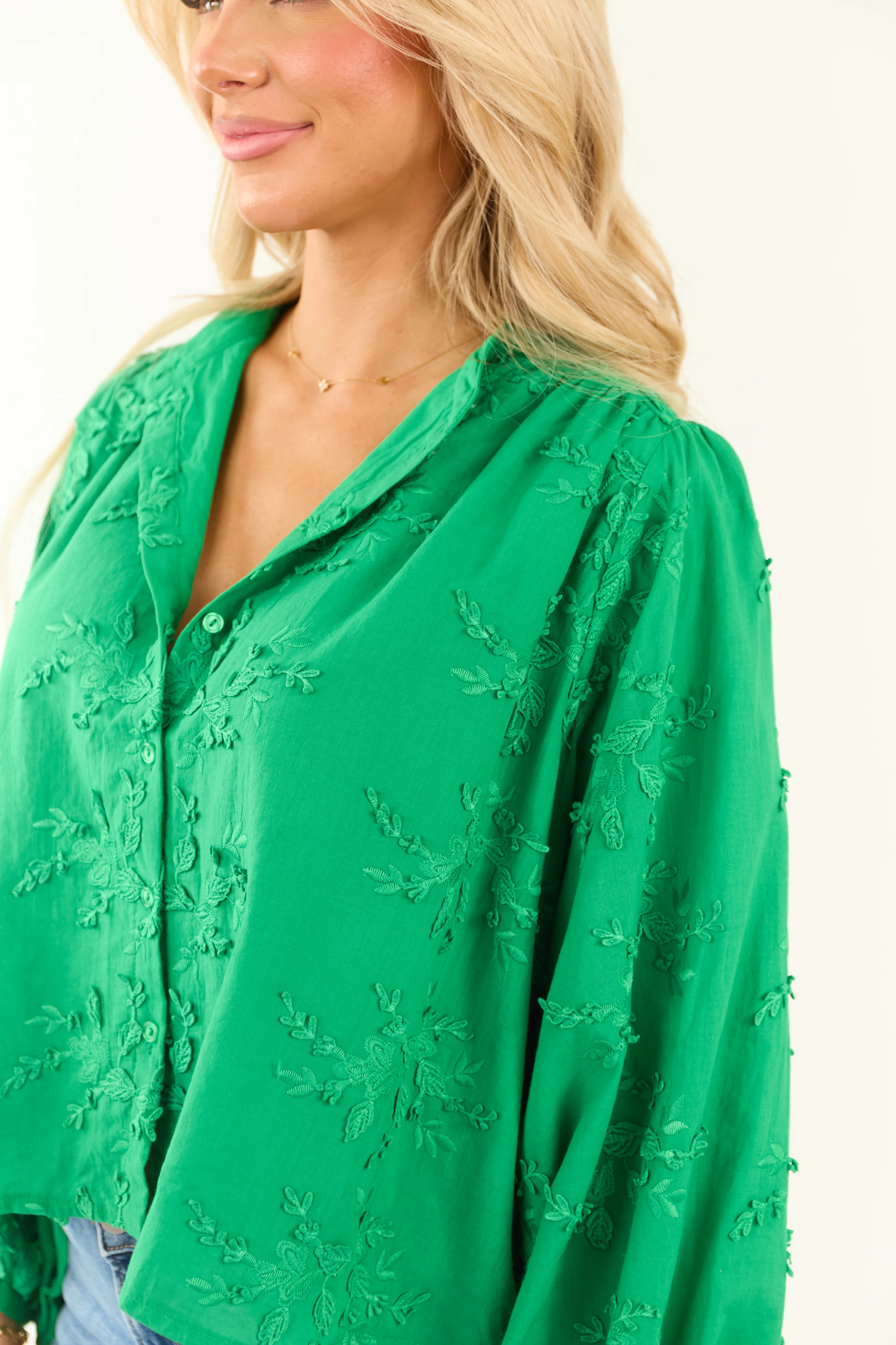 Jade Floral Embroidery Button Down Long Sleeve Top - Image 7