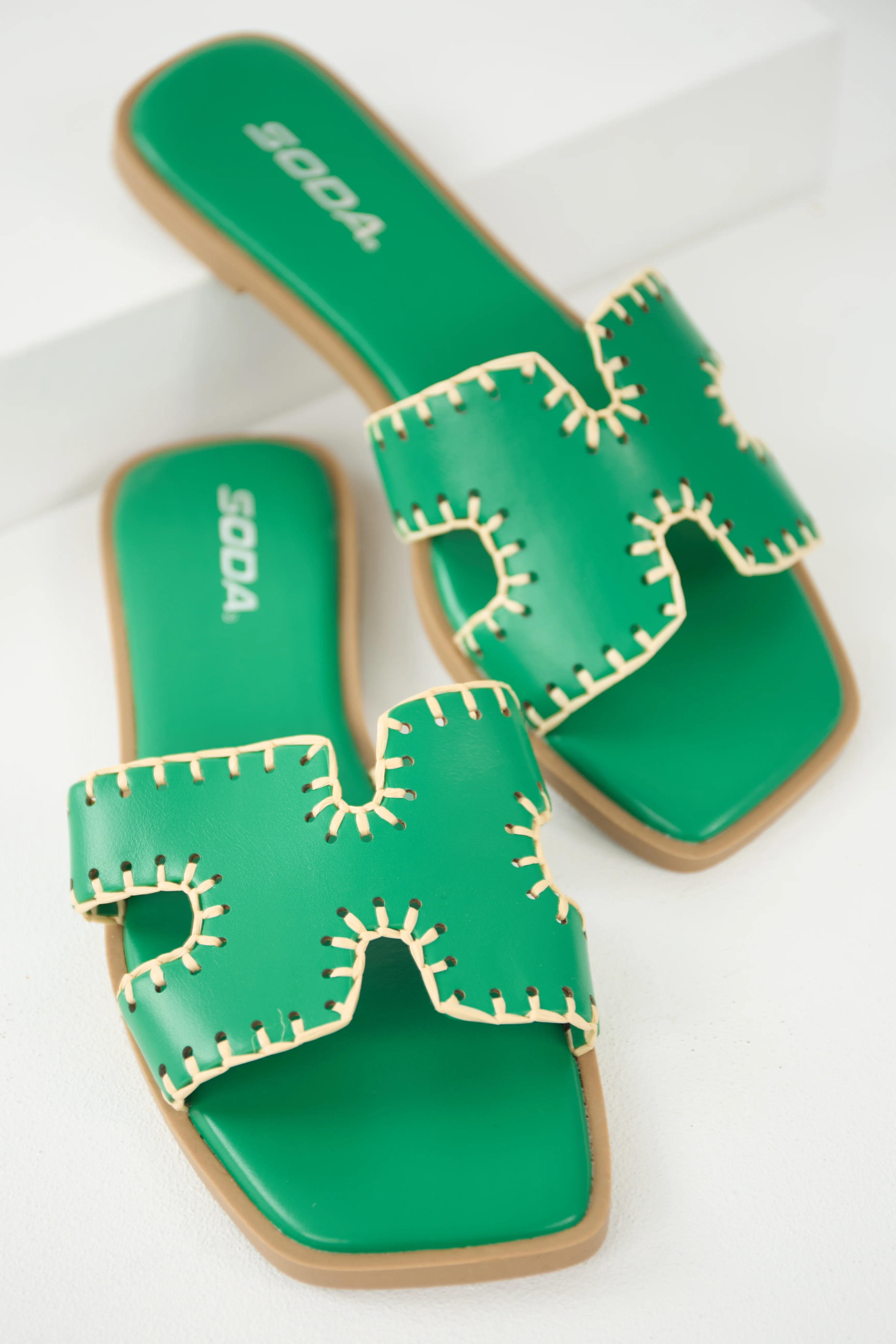Jade Straw Trim Cut Out Strap Slide Sandals - Image 2