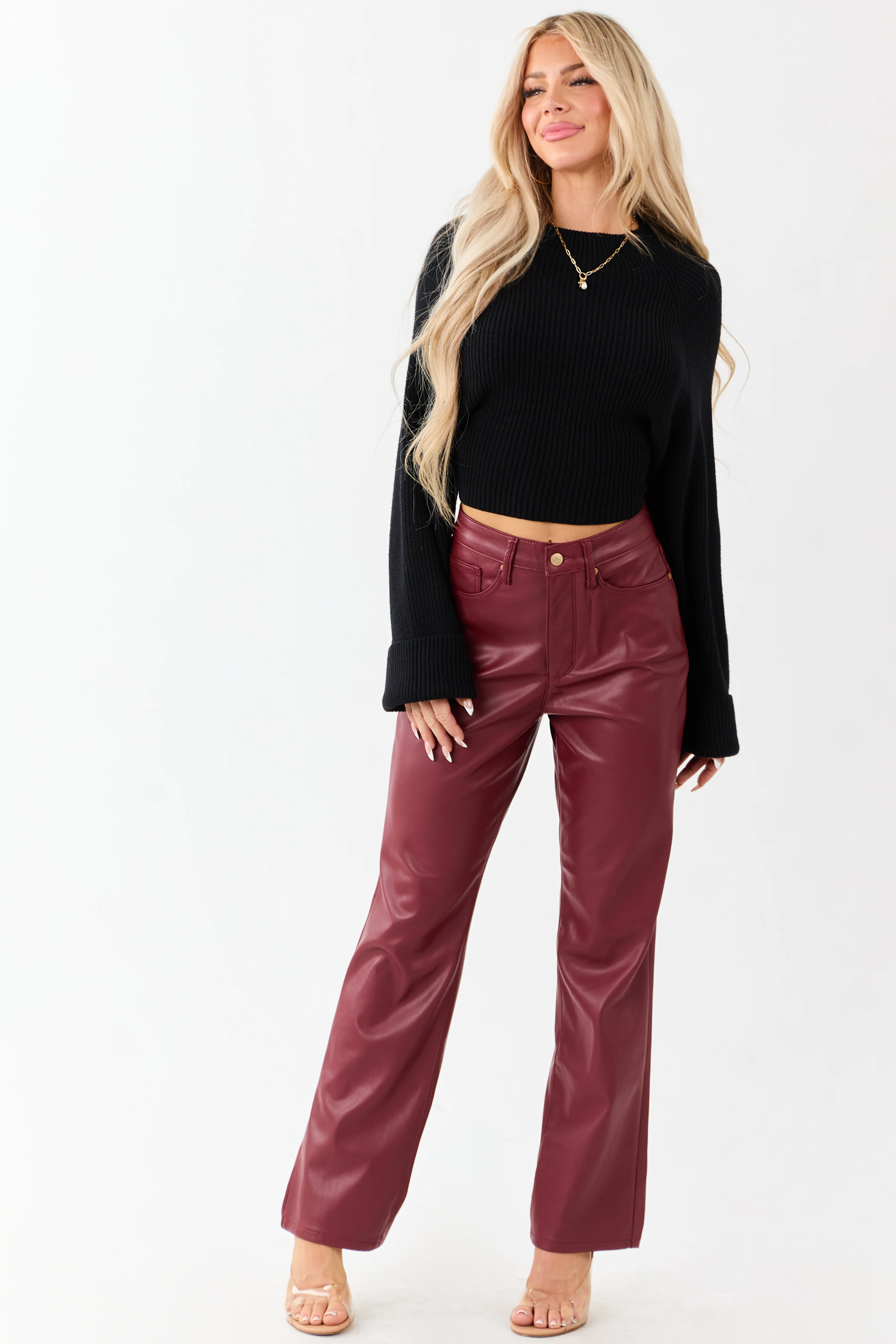 Judy Blue Burgundy Faux Leather Tummy Control Pants - Image 3
