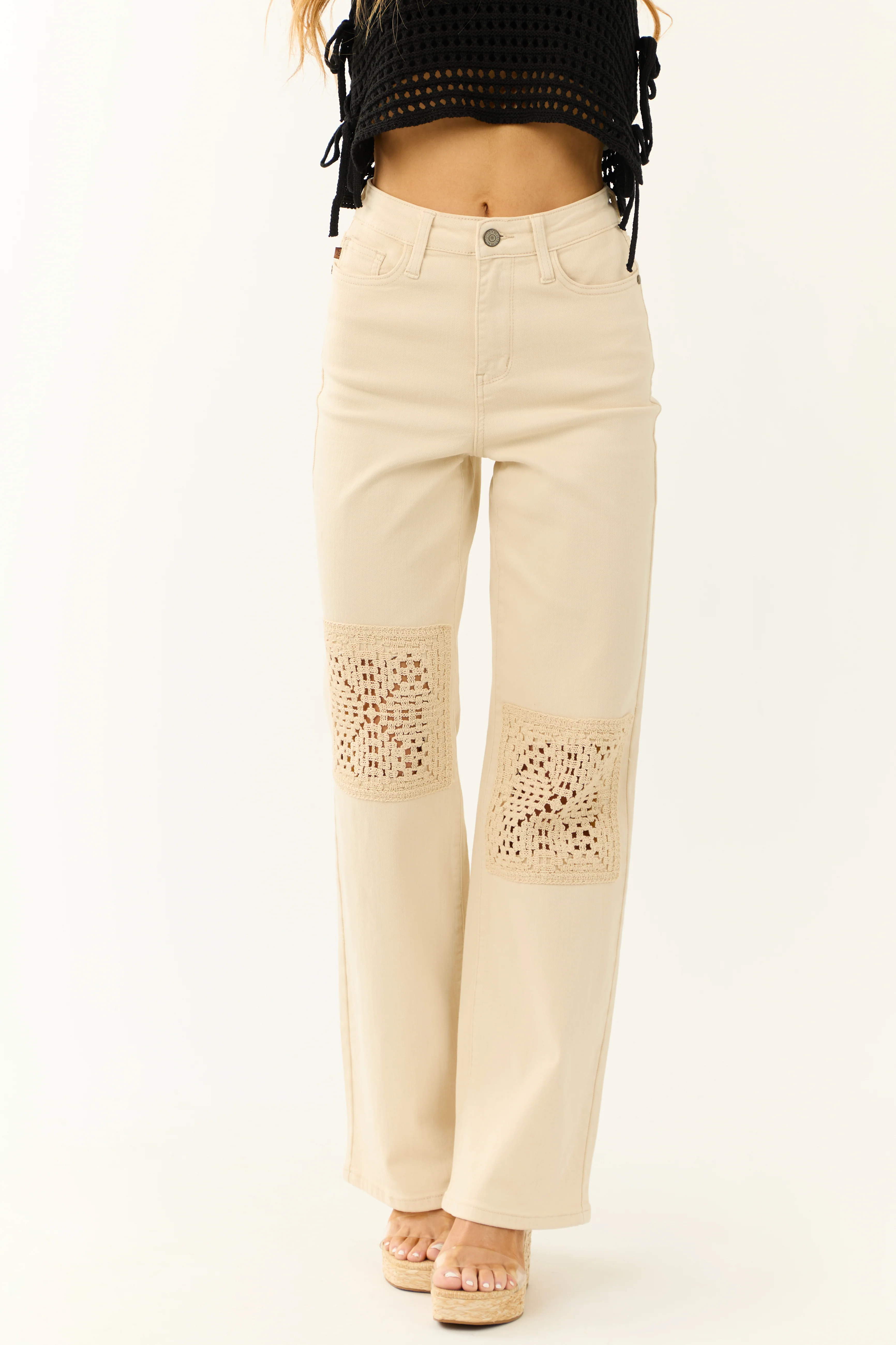 Judy Blue Cream High Rise Crochet Patch Jeans - Image 2